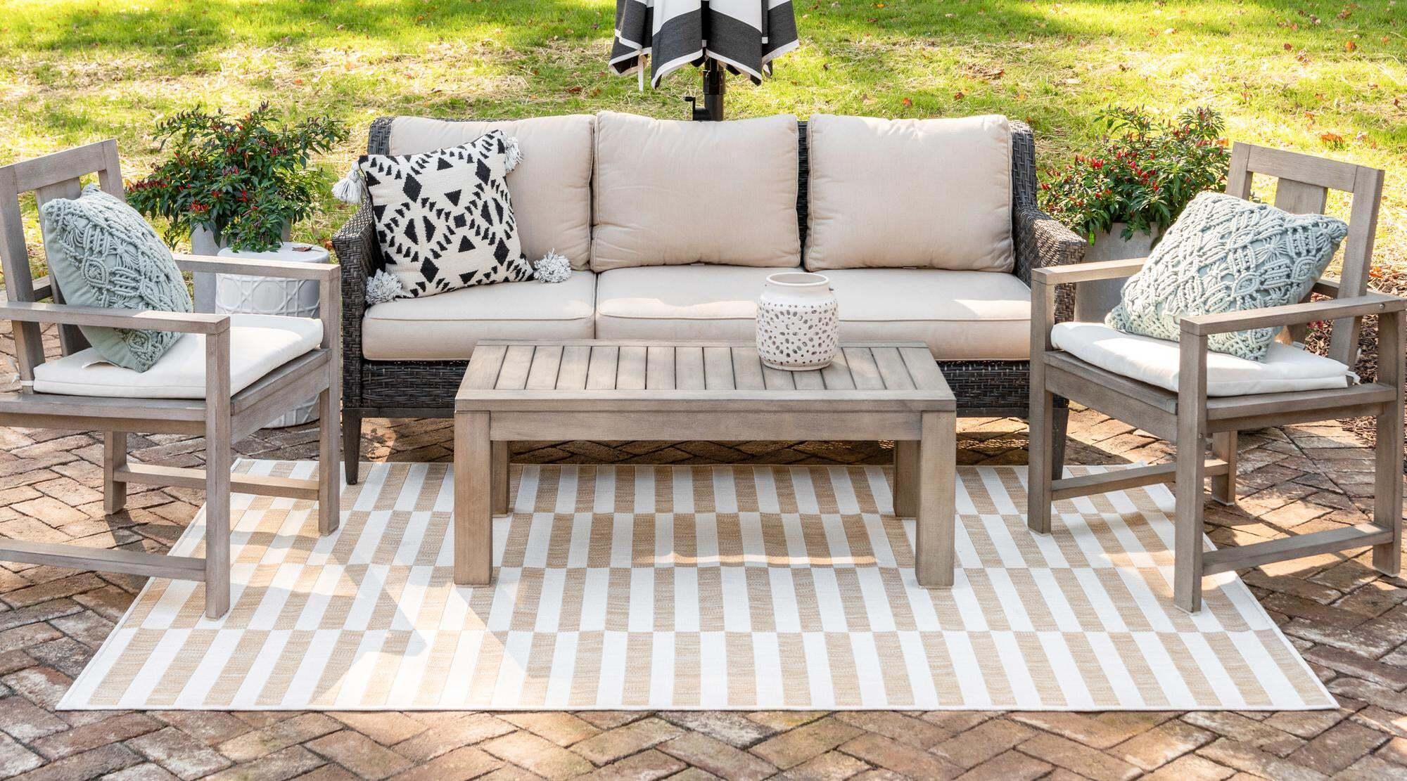 Unique Loom Outdoor Rugs - Outdoor Striped Geometric Rectangular 9x12 Rug Light Brown & Ivory