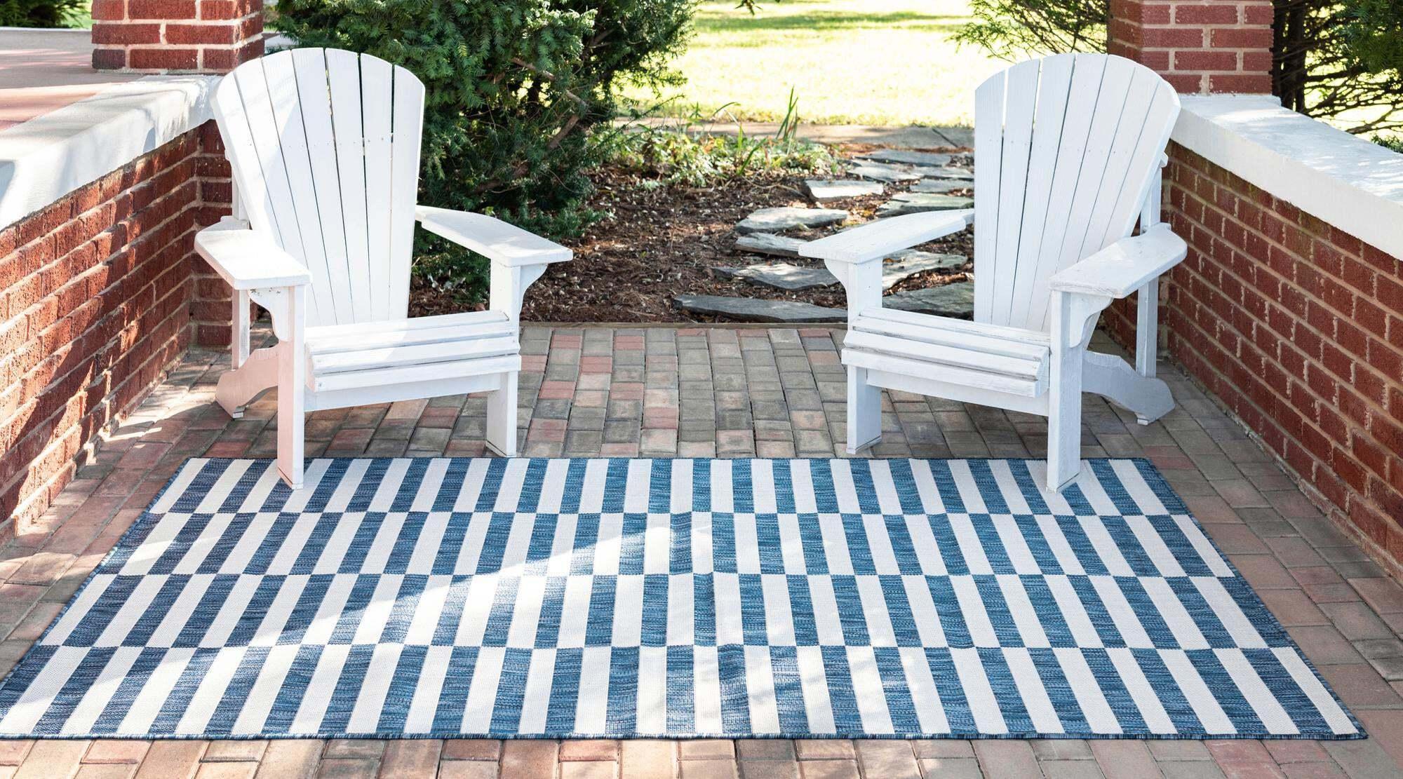 Unique Loom Outdoor Rugs - Outdoor Striped Geometric Rectangular 9x12 Rug Navy Blue & Ivory