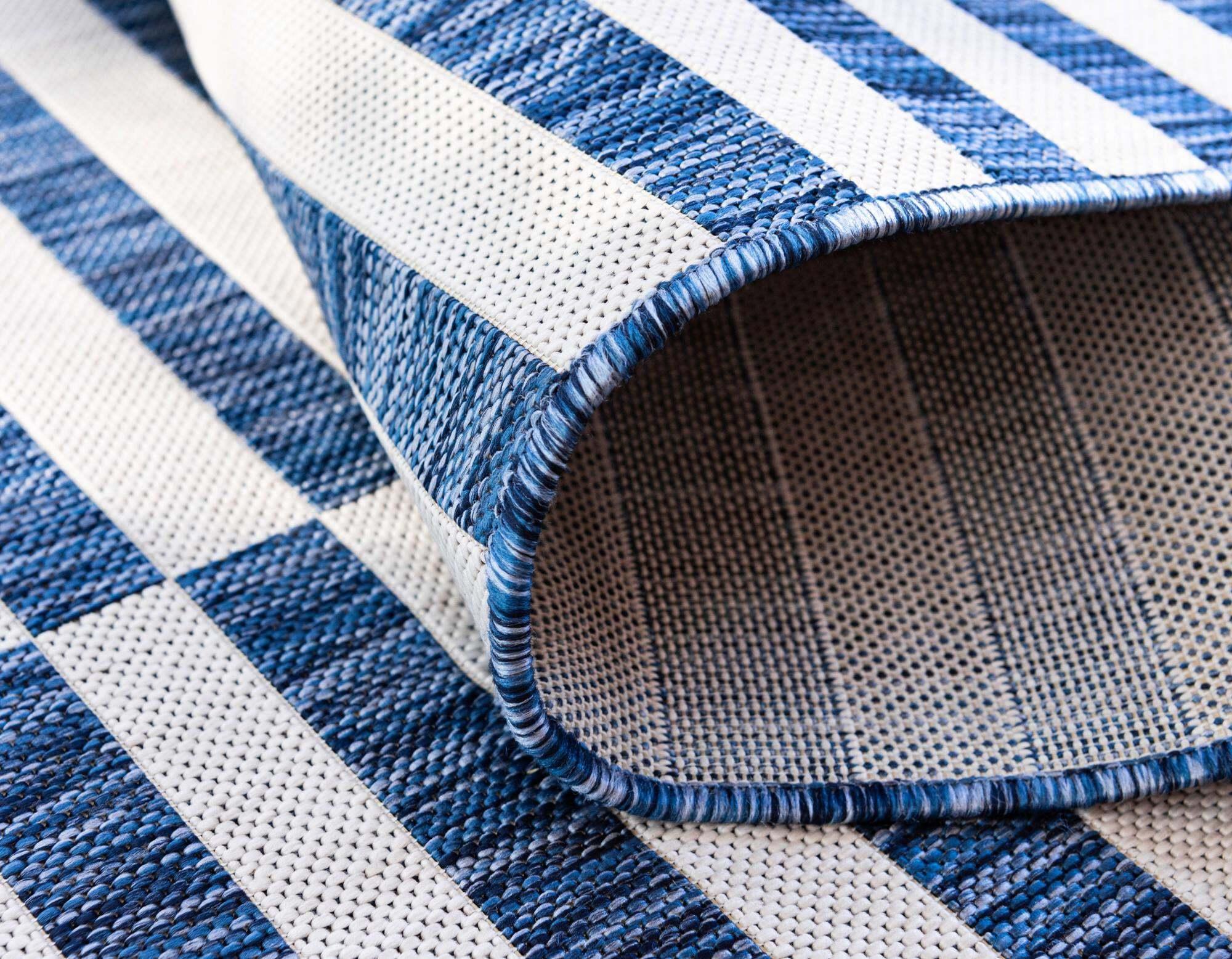 Unique Loom Outdoor Rugs - Outdoor Striped Geometric Rectangular 9x12 Rug Navy Blue & Ivory
