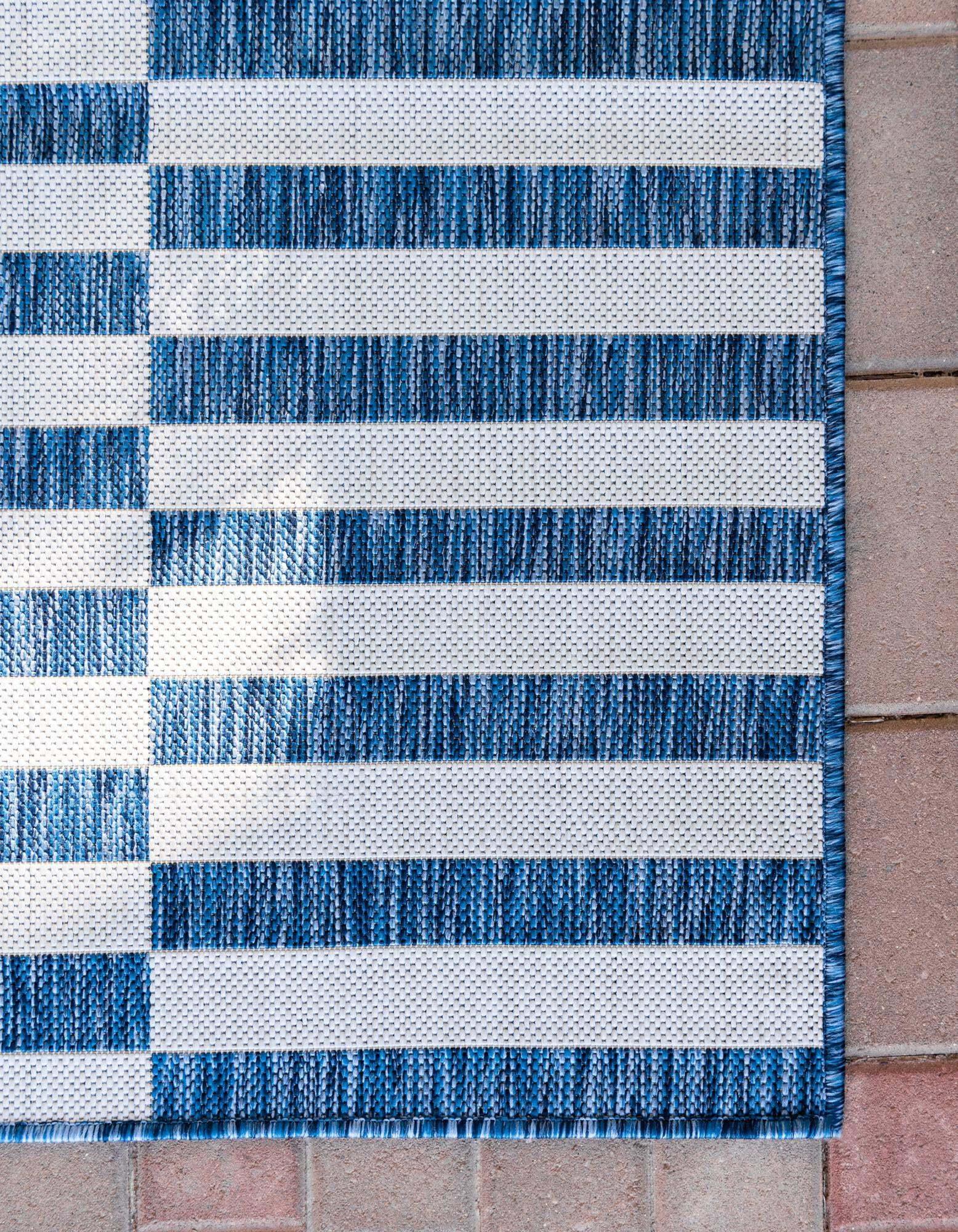 Unique Loom Outdoor Rugs - Outdoor Striped Geometric Rectangular 9x12 Rug Navy Blue & Ivory