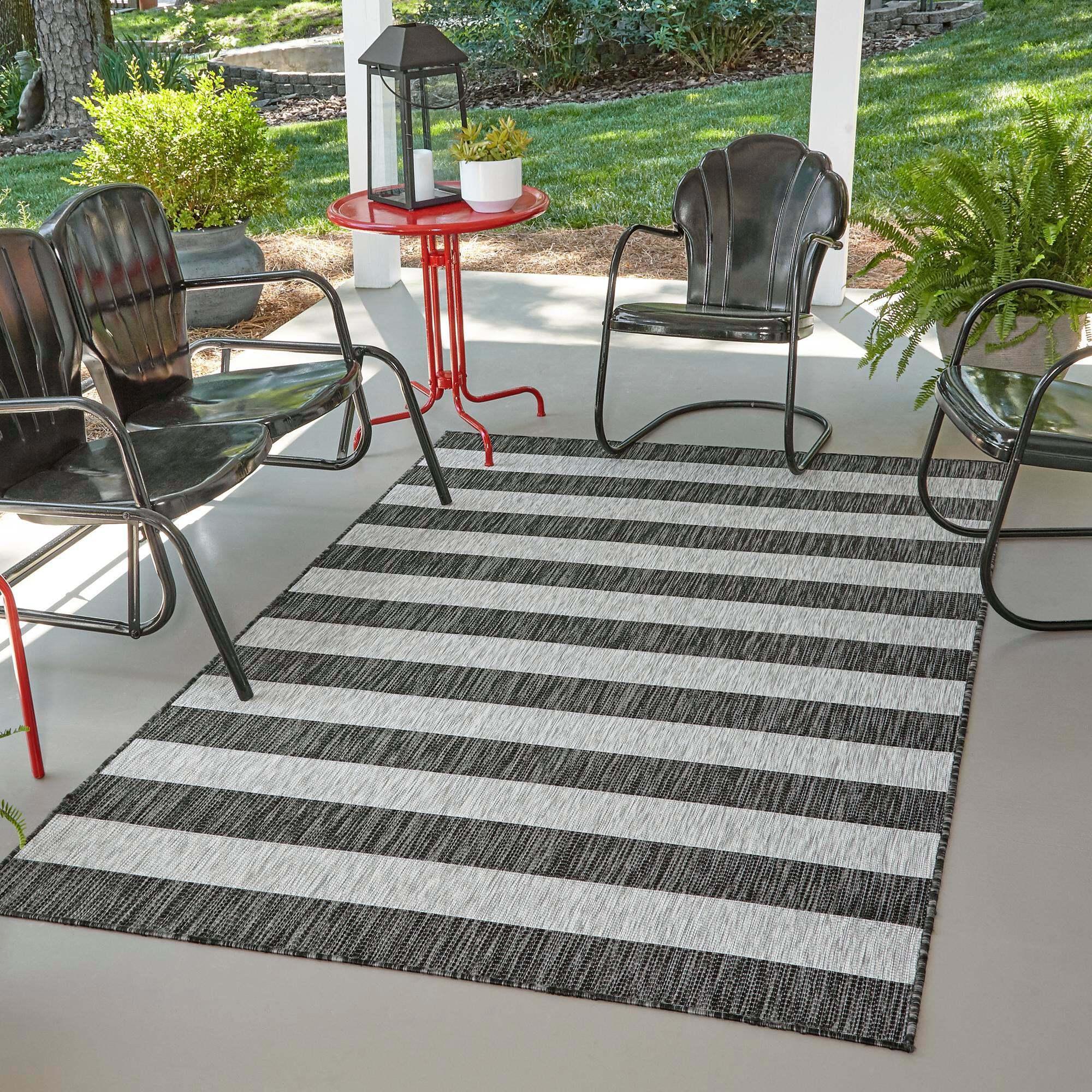 Unique Loom Outdoor Rugs - Outdoor Striped Striped Rectangular 8x11 Rug Gray & Black