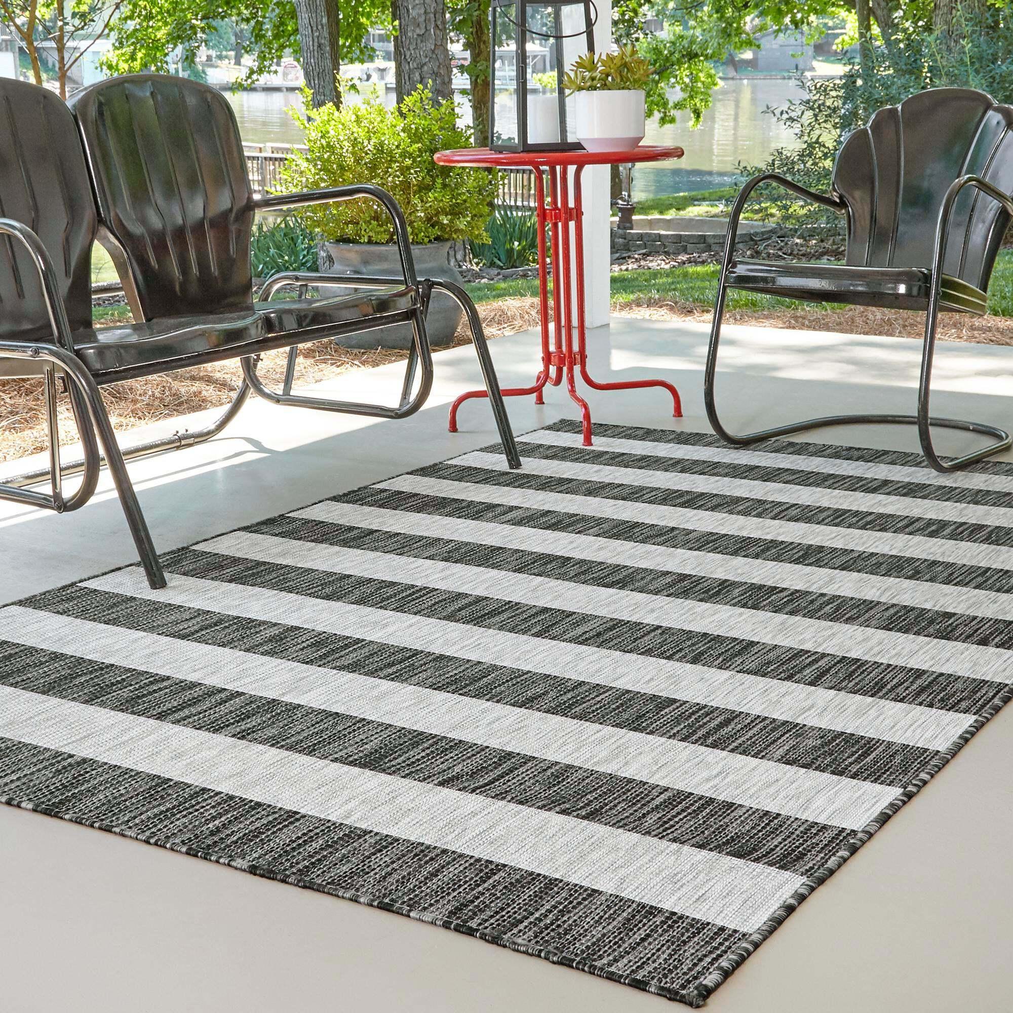 Unique Loom Outdoor Rugs - Outdoor Striped Striped Rectangular 8x11 Rug Gray & Black