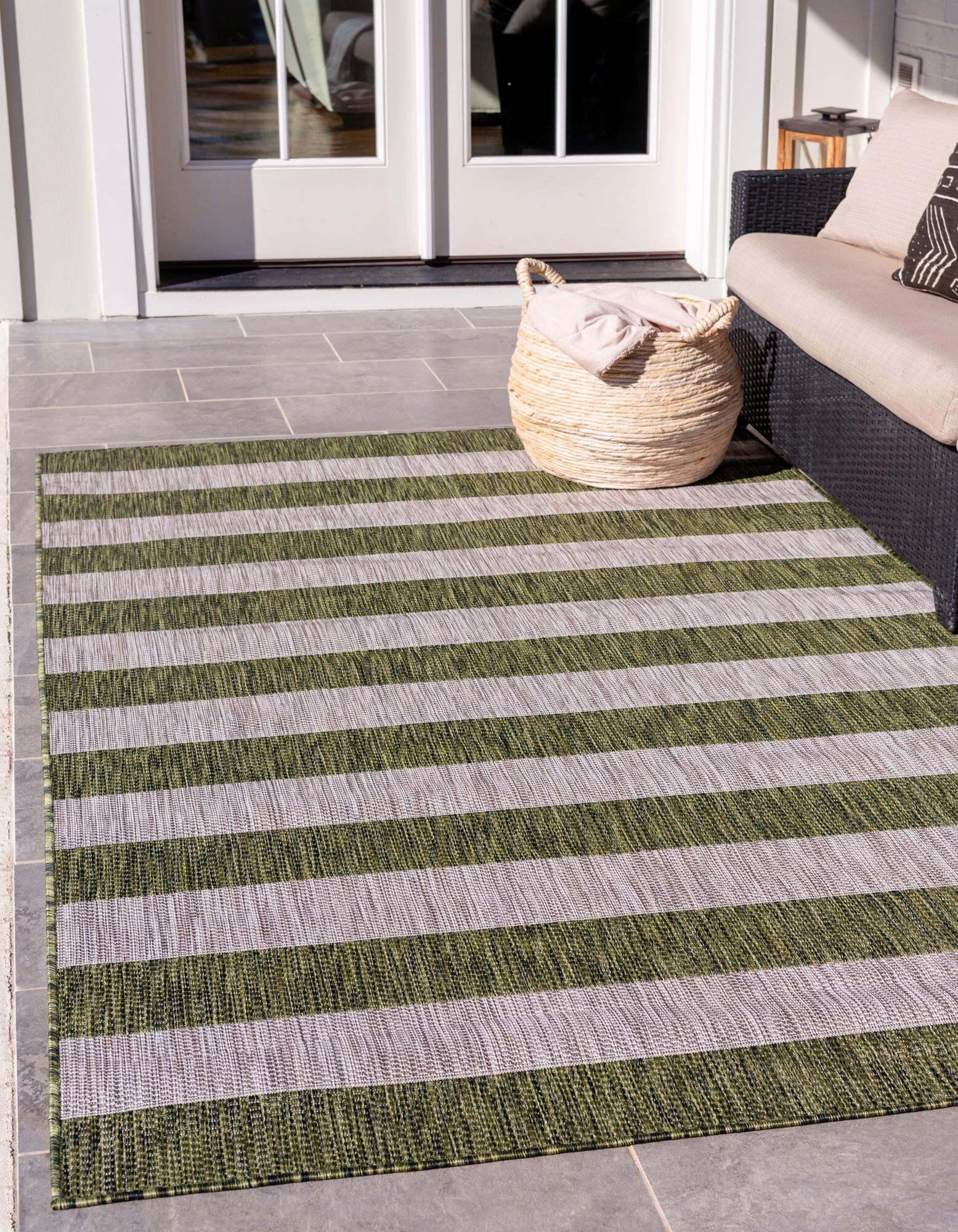 Unique Loom Outdoor Rugs - Outdoor Striped Striped Rectangular 8x11 Rug Green & Ivory
