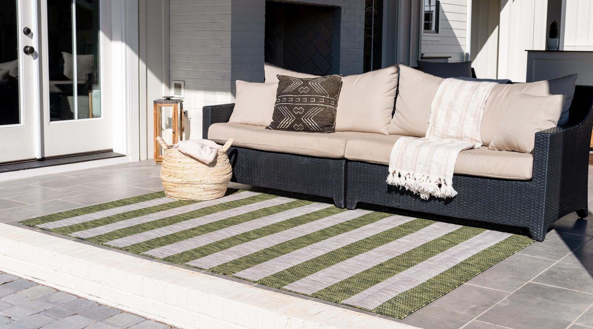 Unique Loom Outdoor Rugs - Outdoor Striped Striped Rectangular 8x11 Rug Green & Ivory