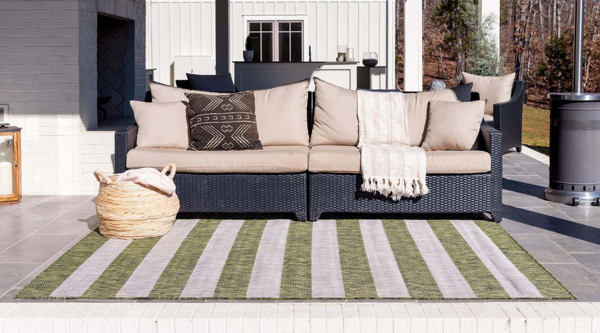 Unique Loom Outdoor Rugs - Outdoor Striped Striped Rectangular 8x11 Rug Green & Ivory