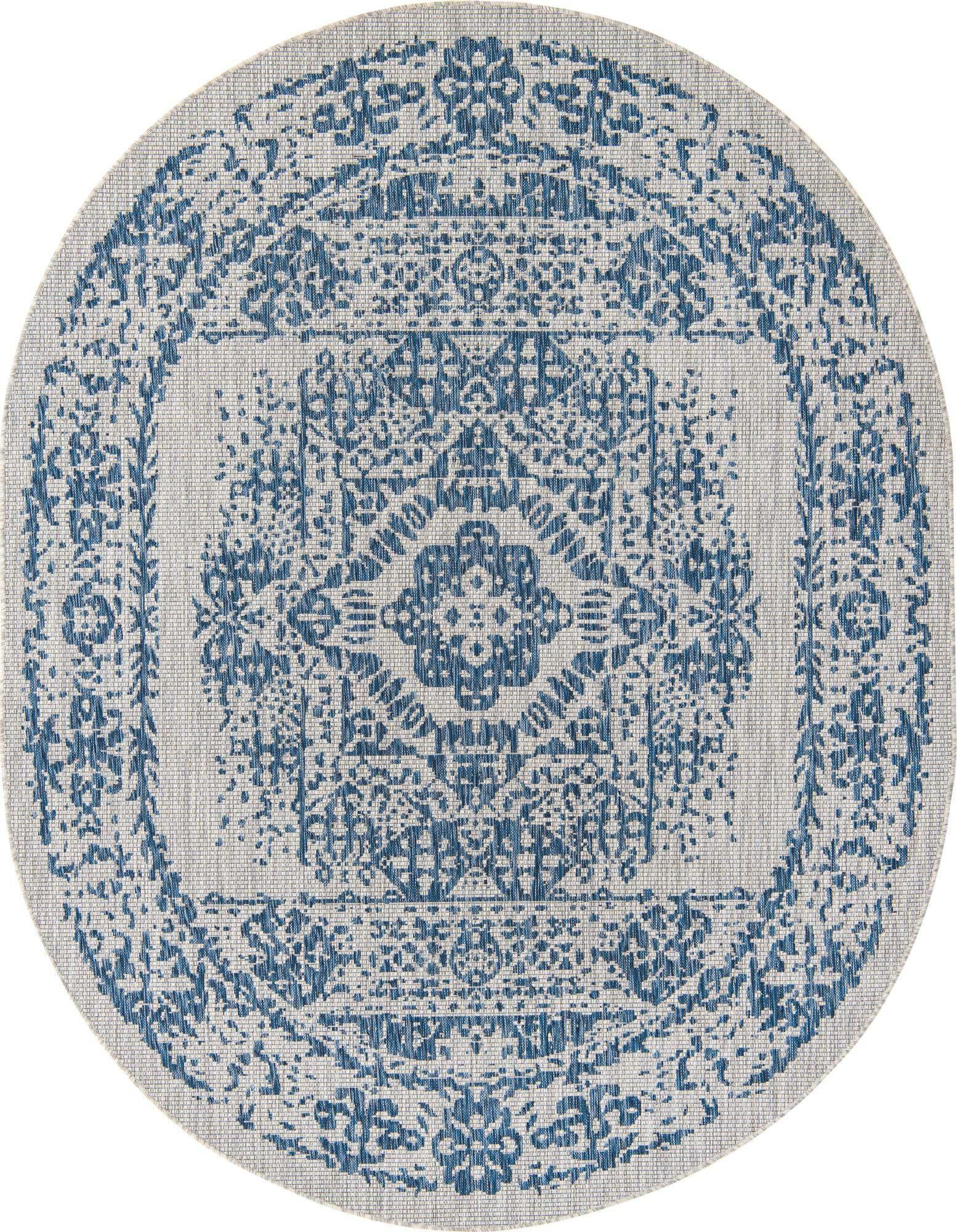 Unique Loom Outdoor Rugs - Outdoor Traditional Geometric Oval 8x10 Oval Rug Blue & Ivory