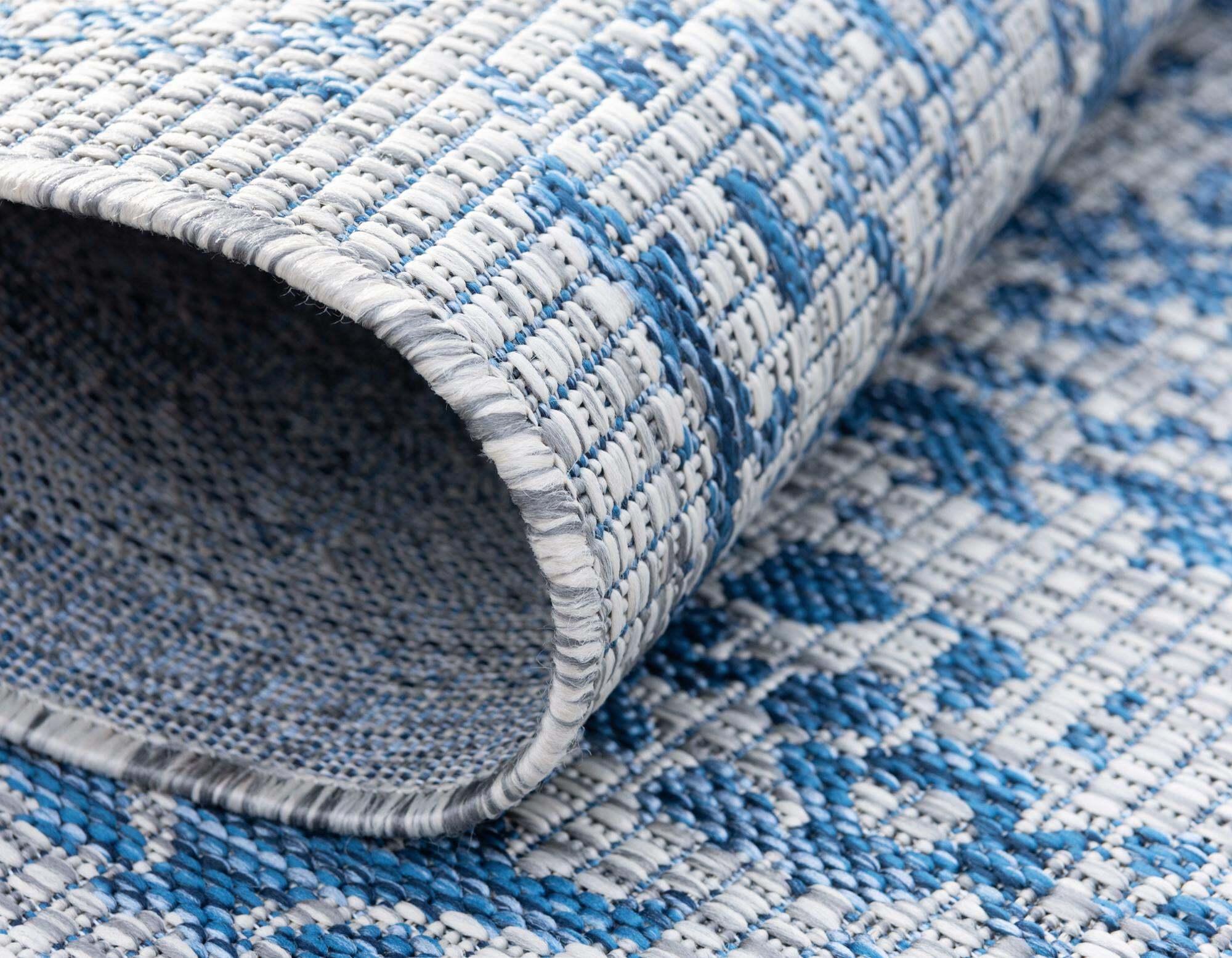 Unique Loom Outdoor Rugs - Outdoor Traditional Geometric Rectangular 8x11 Rug Blue & Ivory