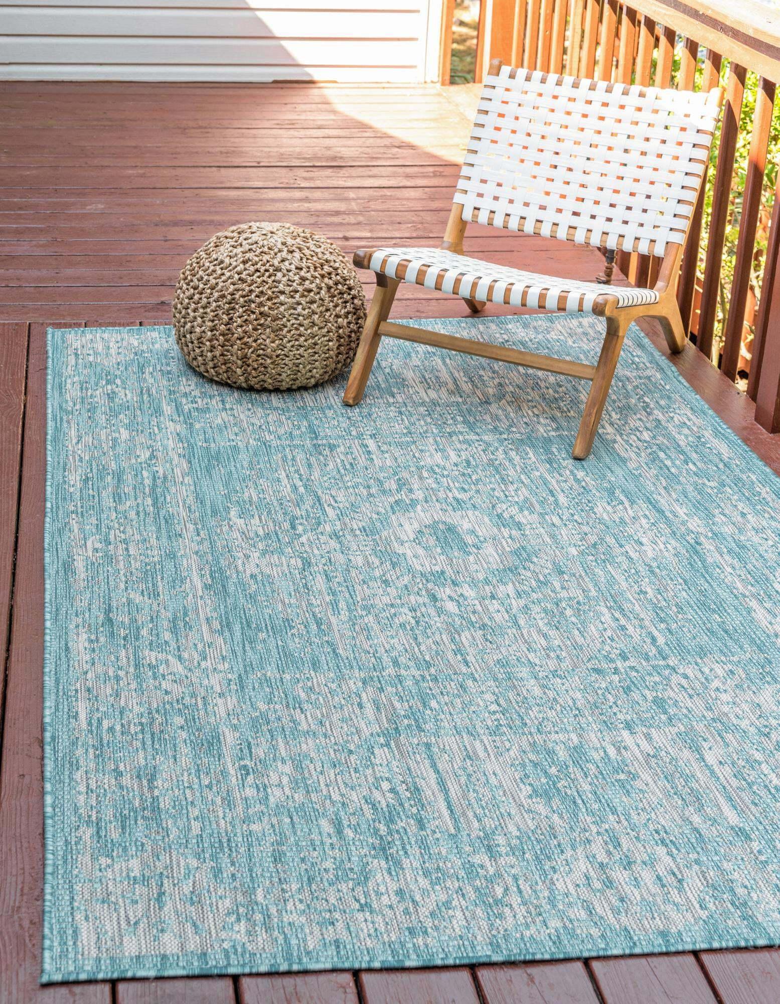 Unique Loom Outdoor Rugs - Outdoor Traditional Geometric Rectangular 9x12 Rug Aqua Blue & Ivory