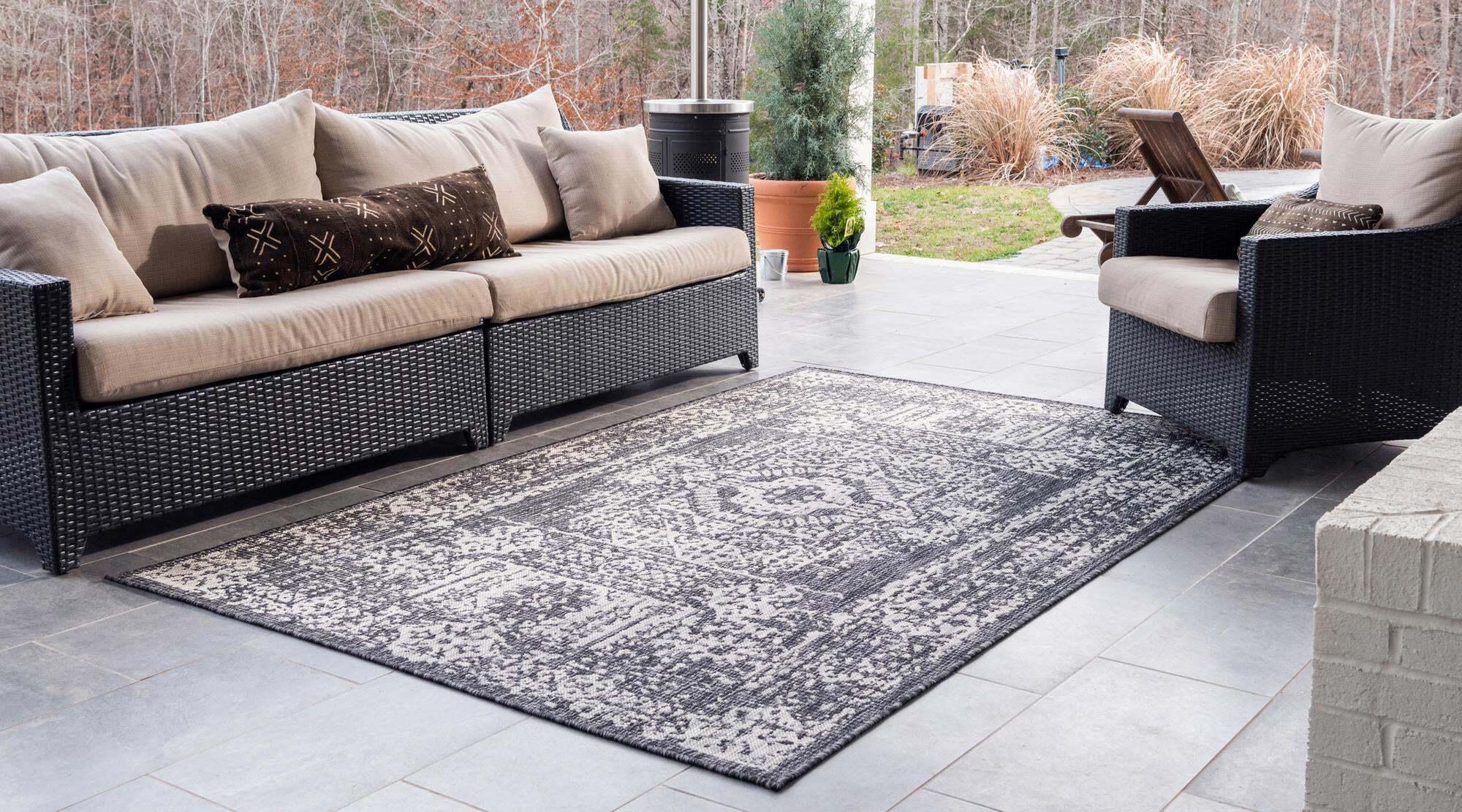 Unique Loom Outdoor Rugs - Outdoor Traditional Geometric Rectangular 9x12 Rug Dark Gray & Ivory