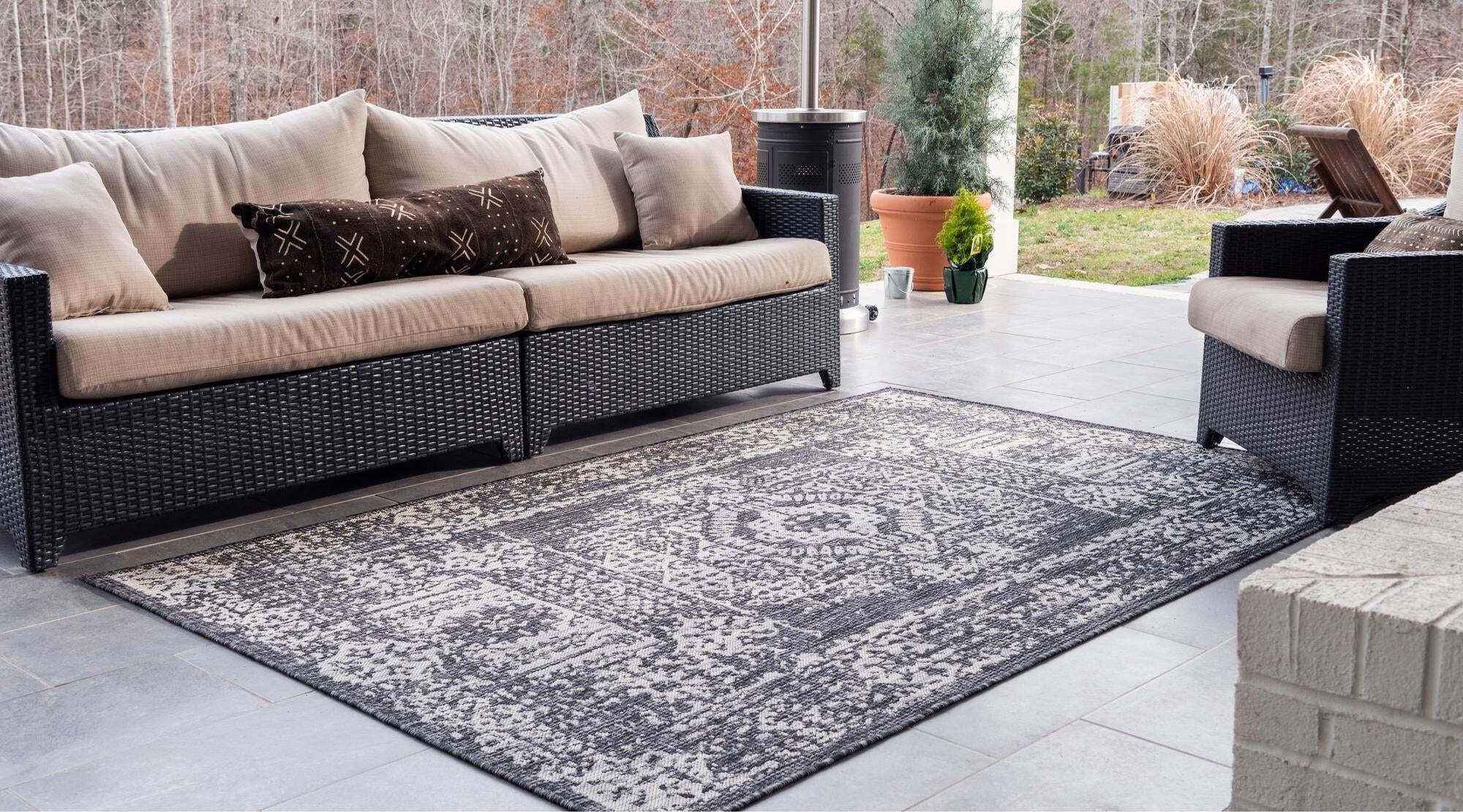 Unique Loom Outdoor Rugs - Outdoor Traditional Geometric Rectangular 9x12 Rug Dark Gray & Ivory