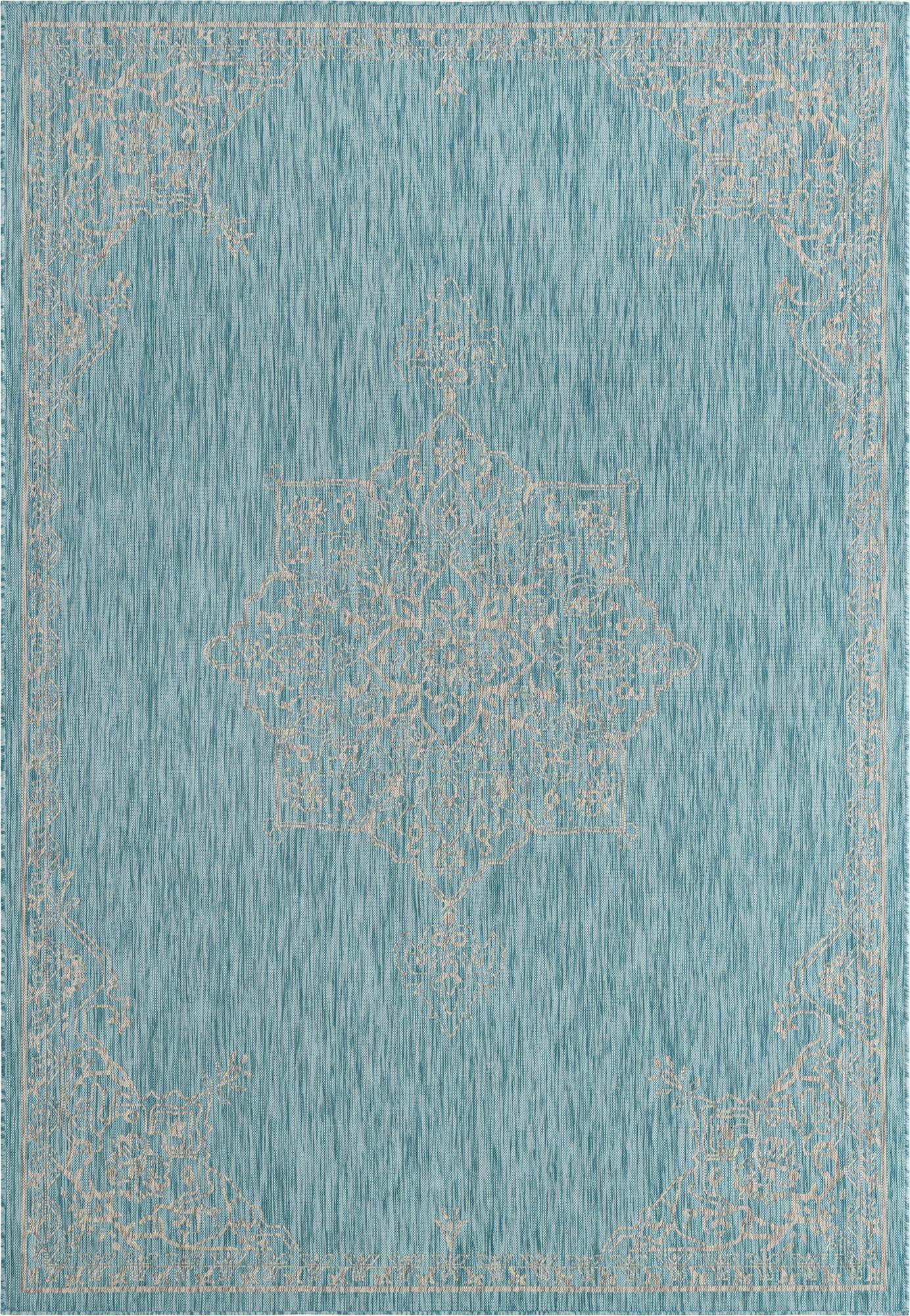 Unique Loom Outdoor Rugs - Outdoor Traditional Medallion Rectangular 8x11 Rug Aqua Blue & Ivory