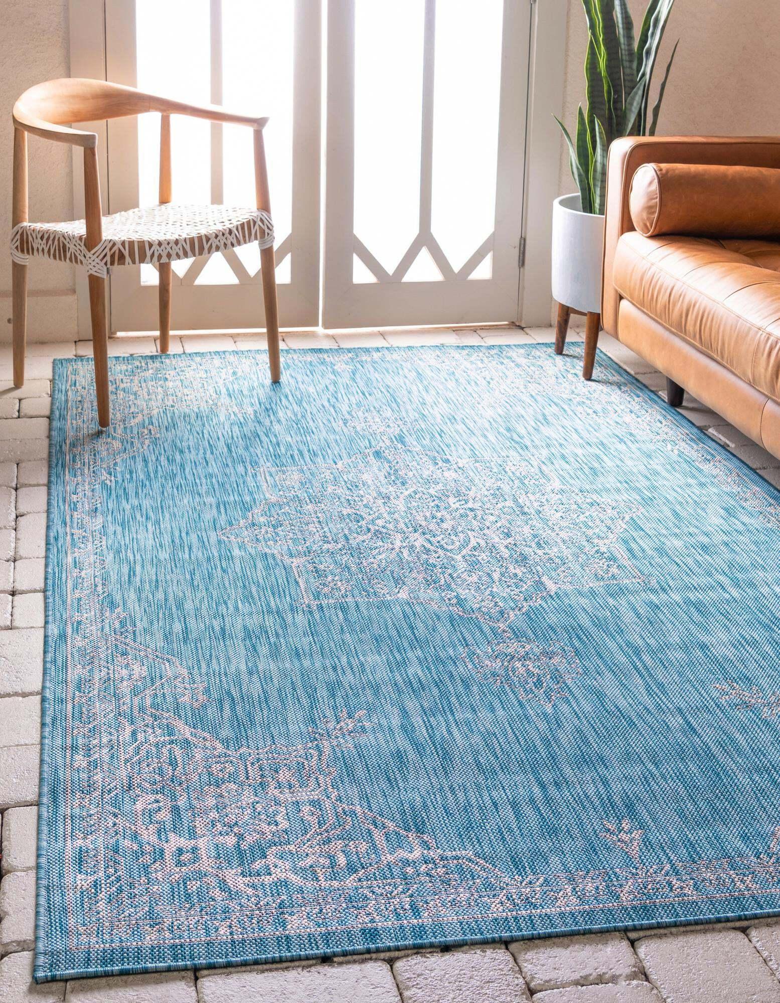Unique Loom Outdoor Rugs - Outdoor Traditional Medallion Rectangular 8x11 Rug Aqua Blue & Ivory