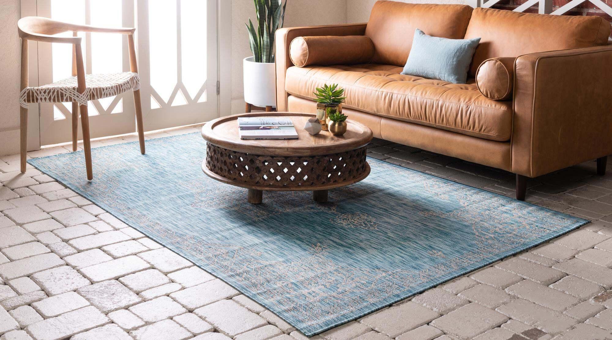Unique Loom Outdoor Rugs - Outdoor Traditional Medallion Rectangular 8x11 Rug Aqua Blue & Ivory