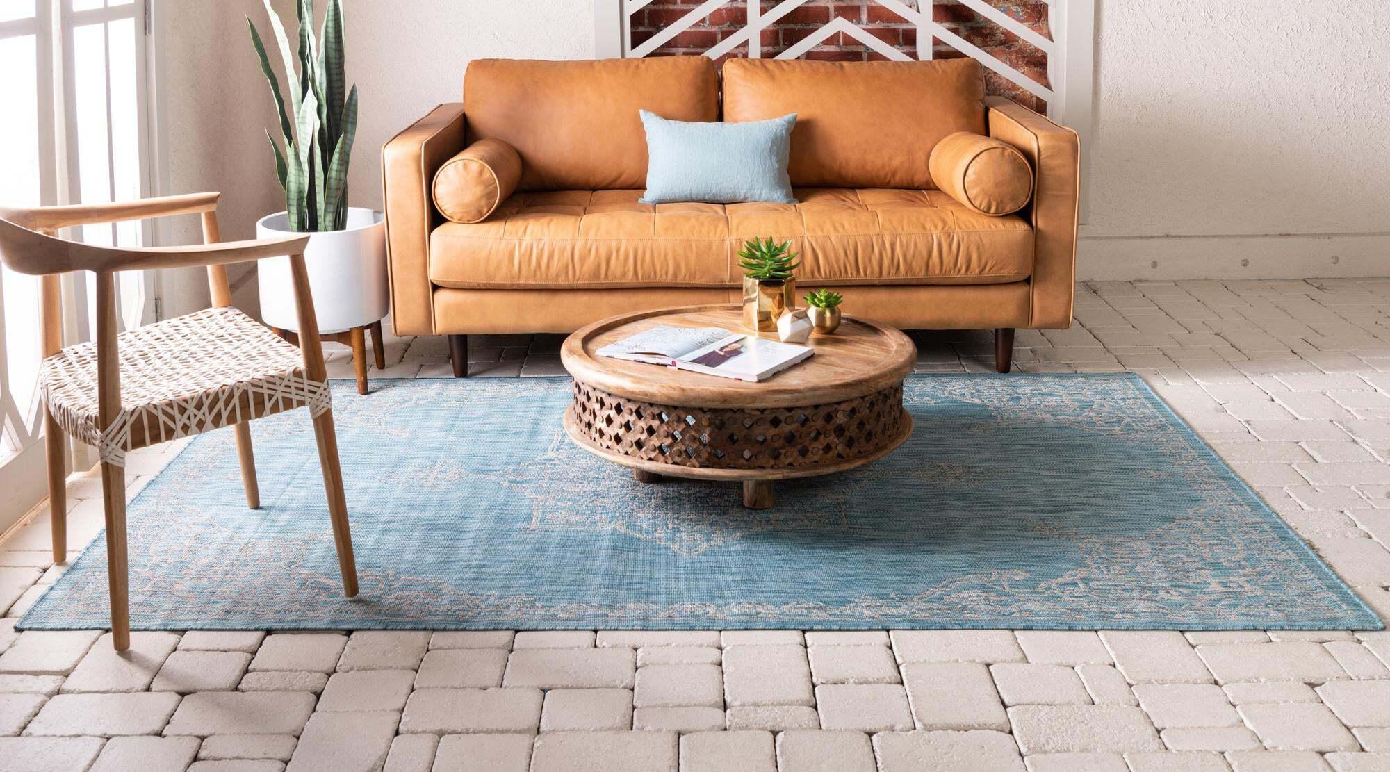 Unique Loom Outdoor Rugs - Outdoor Traditional Medallion Rectangular 8x11 Rug Aqua Blue & Ivory