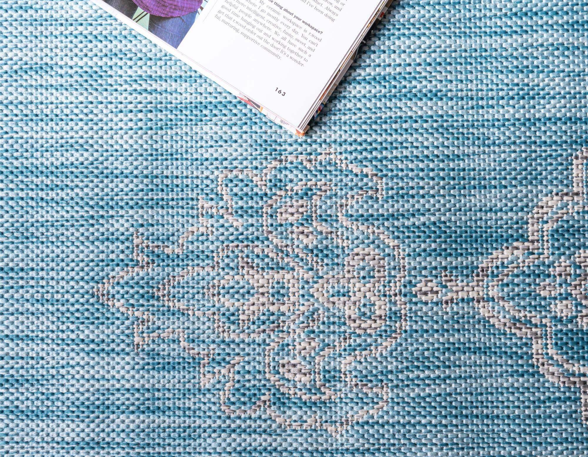 Unique Loom Outdoor Rugs - Outdoor Traditional Medallion Rectangular 8x11 Rug Aqua Blue & Ivory