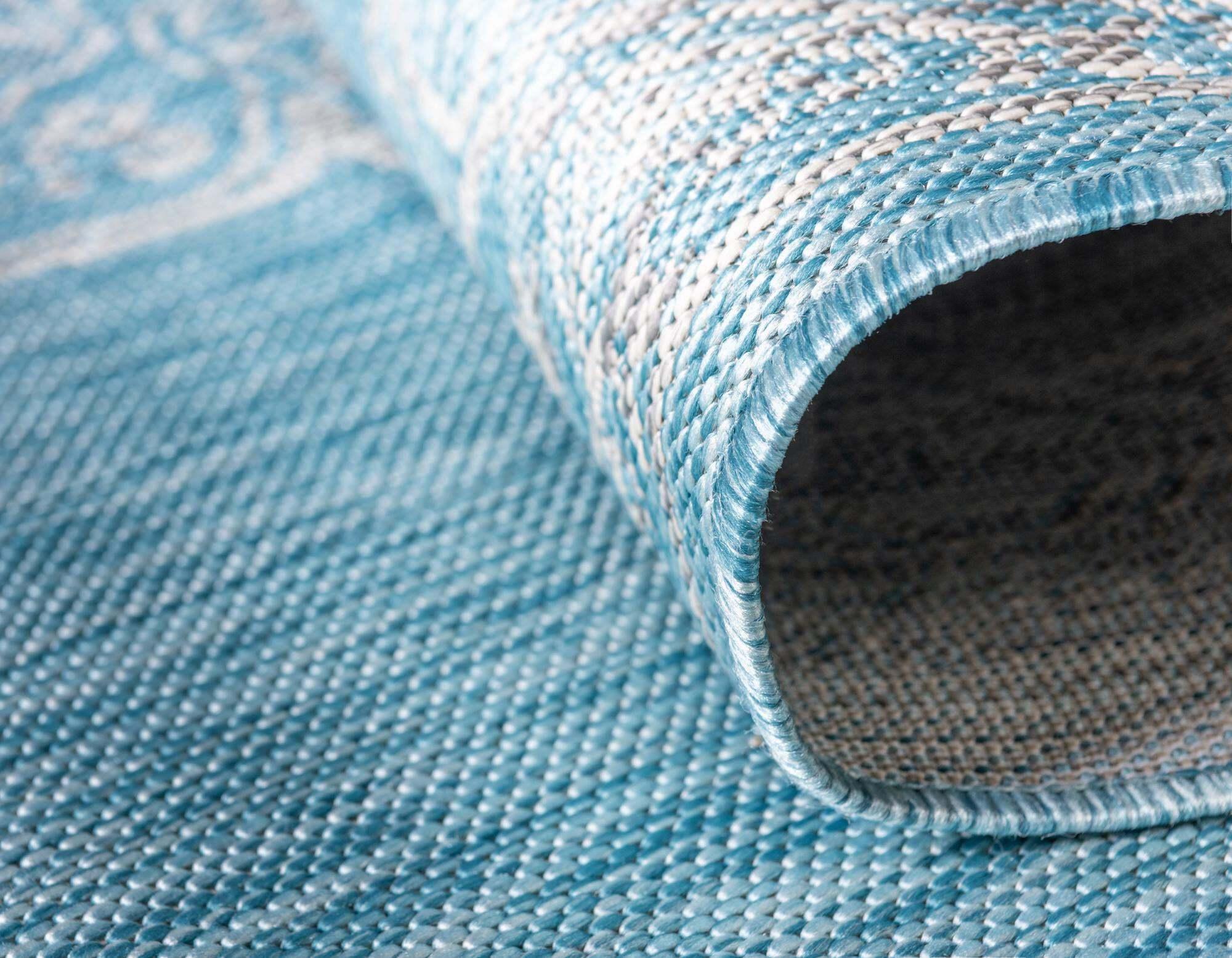 Unique Loom Outdoor Rugs - Outdoor Traditional Medallion Rectangular 8x11 Rug Aqua Blue & Ivory