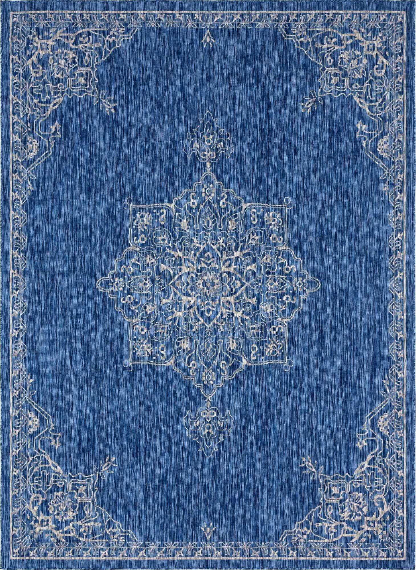 Unique Loom Outdoor Rugs - Outdoor Traditional Medallion Rectangular 8x11 Rug Blue & Ivory