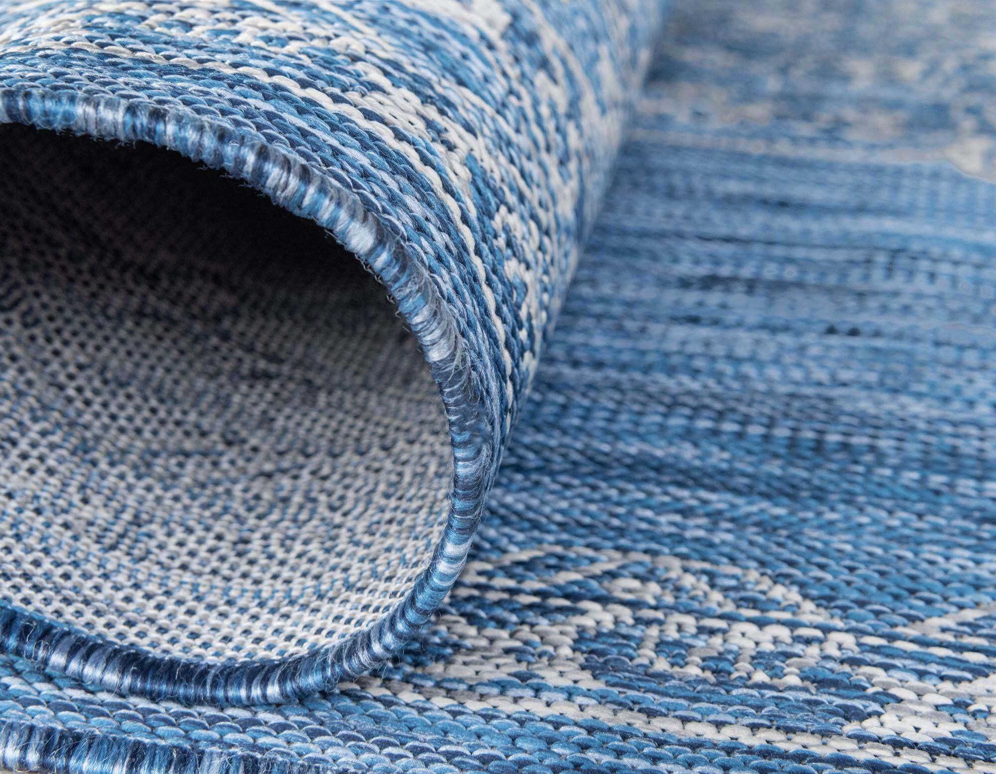 Unique Loom Outdoor Rugs - Outdoor Traditional Medallion Rectangular 8x11 Rug Blue & Ivory