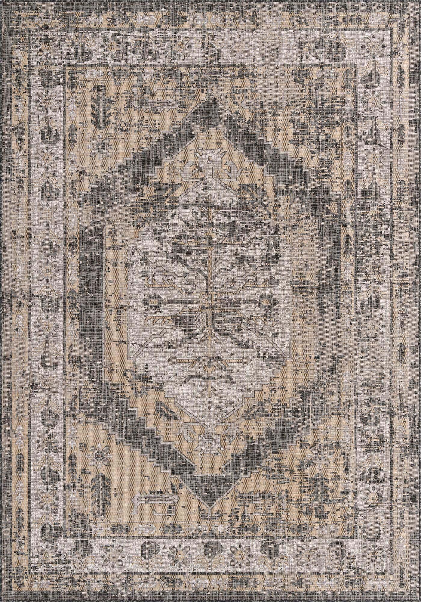 Unique Loom Outdoor Rugs - Outdoor Traditional Medallion Rectangular 8x11 Rug Charcoal & Beige