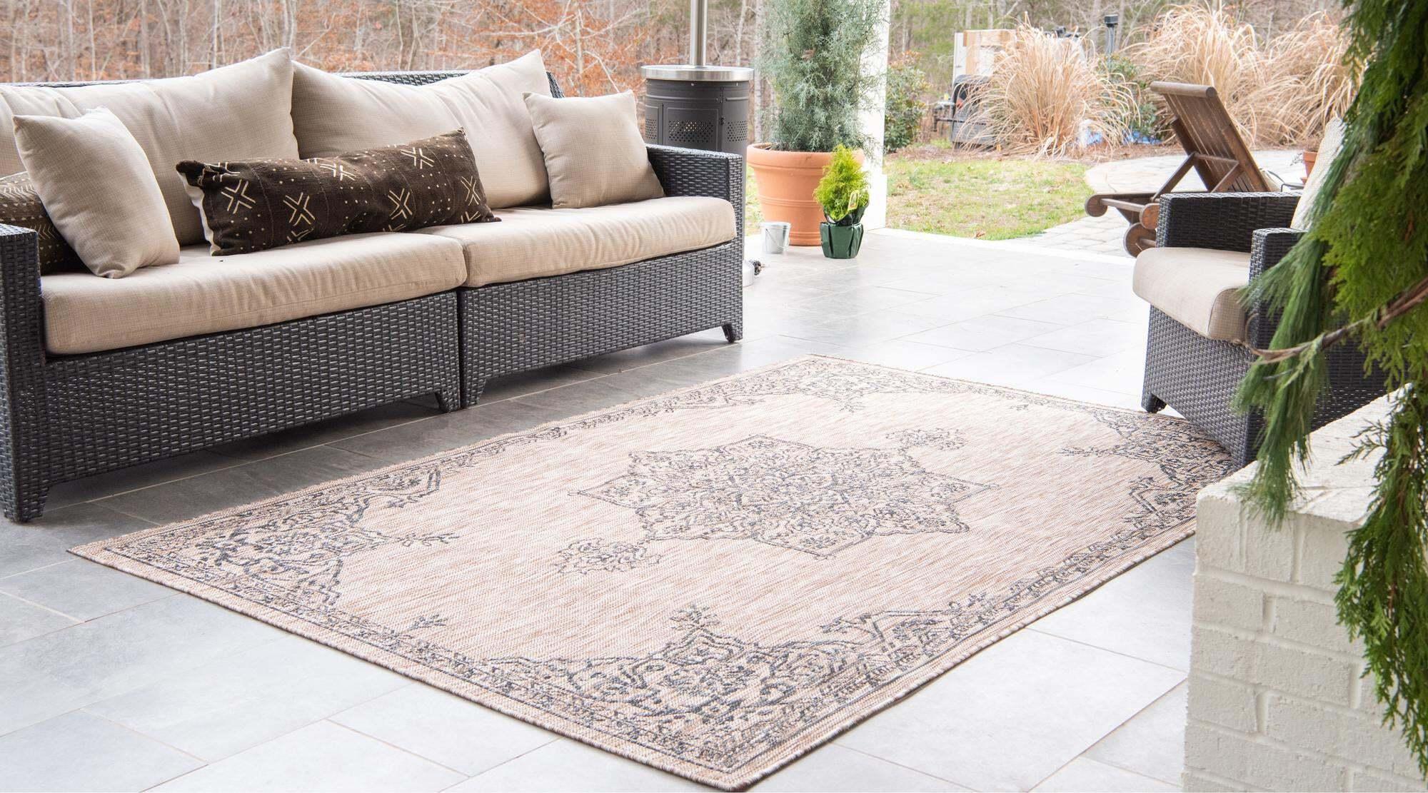 Unique Loom Outdoor Rugs - Outdoor Traditional Medallion Rectangular 9x12 Rug Beige & Black