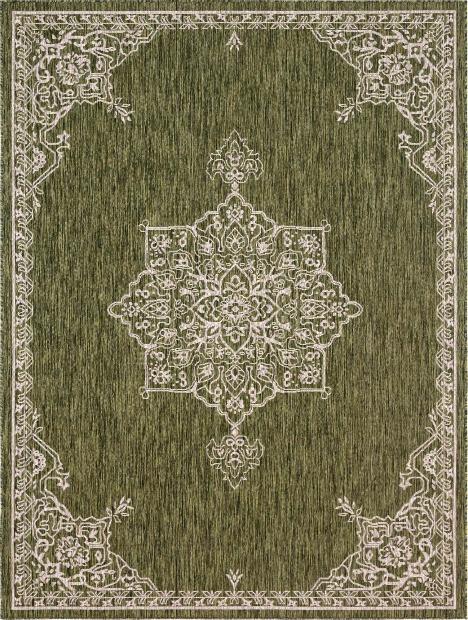 Unique Loom Outdoor Rugs - Outdoor Traditional Medallion Rectangular 9x12 Rug Green & Ivory