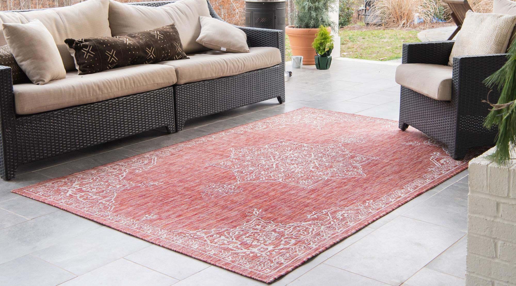 Unique Loom Outdoor Rugs - Outdoor Traditional Medallion Rectangular 9x12 Rug Rust Red & Gray
