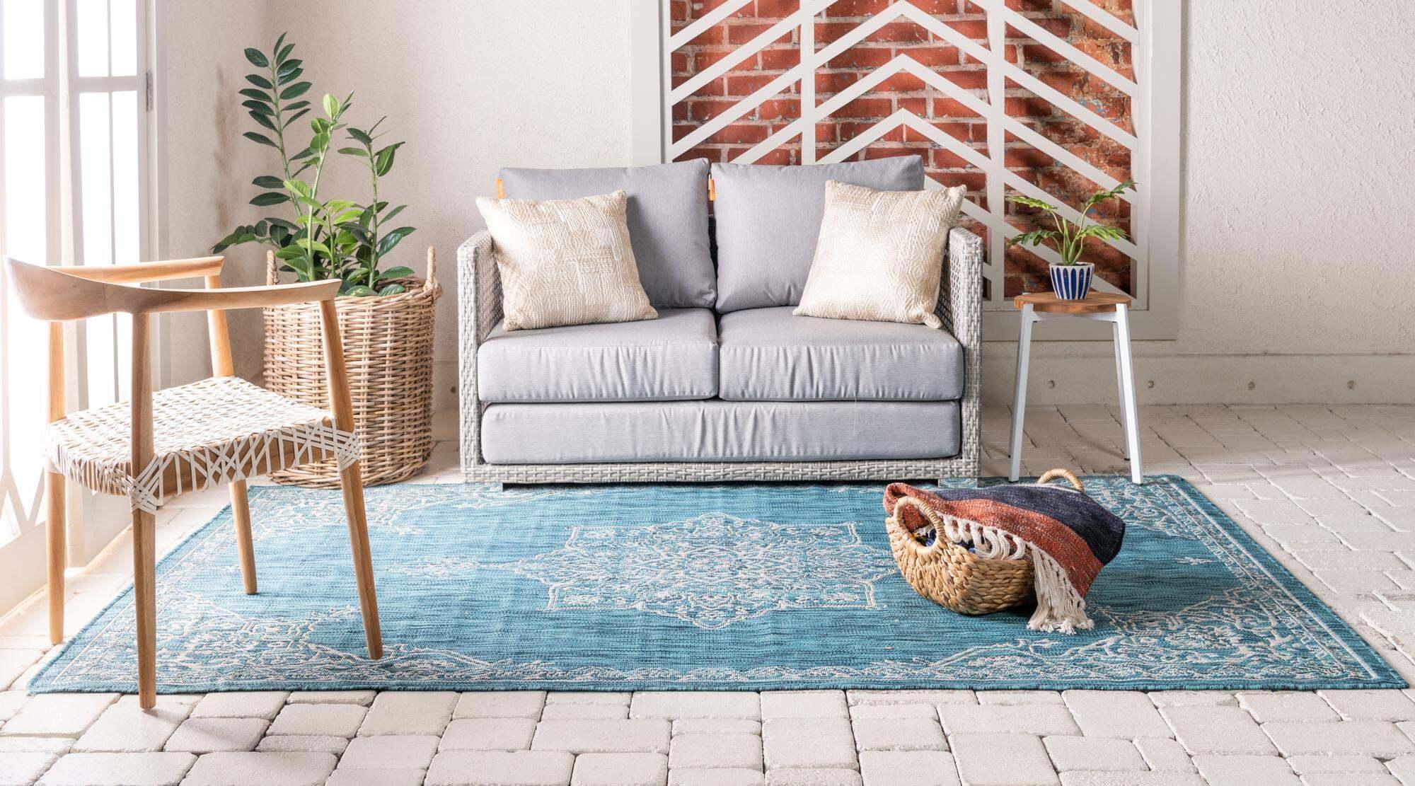 Unique Loom Outdoor Rugs - Outdoor Traditional Medallion Rectangular 9x12 Rug Teal & Ivory