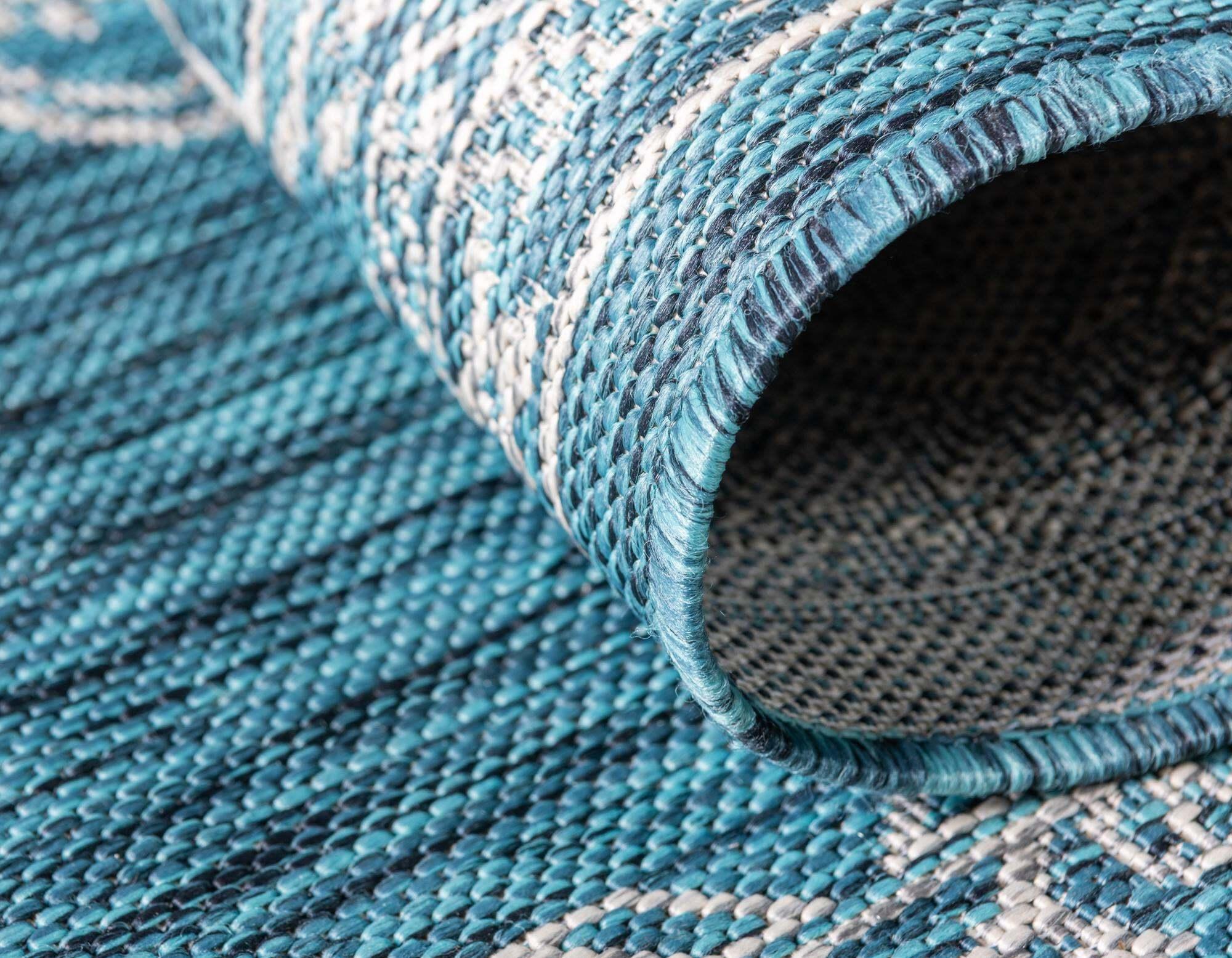 Unique Loom Outdoor Rugs - Outdoor Traditional Medallion Rectangular 9x12 Rug Teal & Ivory