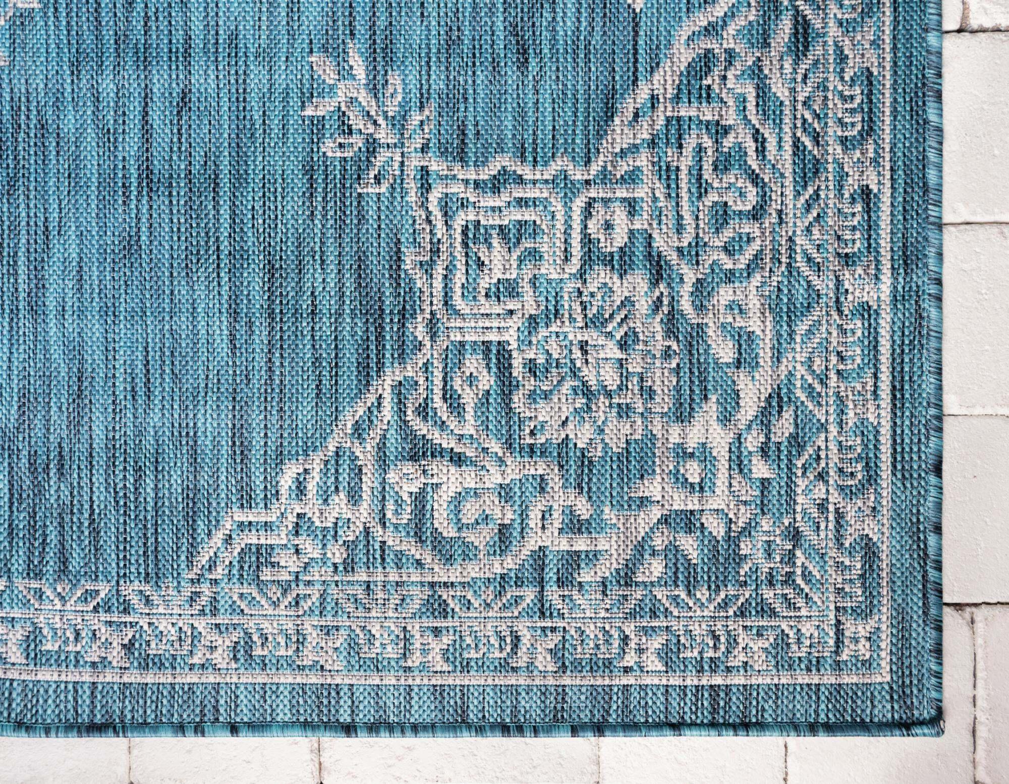 Unique Loom Outdoor Rugs - Outdoor Traditional Medallion Rectangular 9x12 Rug Teal & Ivory