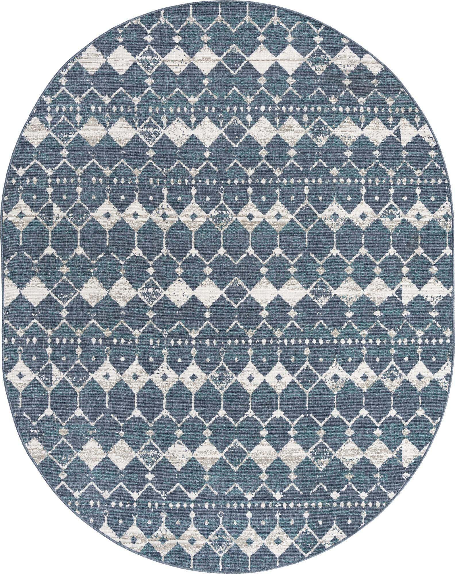 Unique Loom Outdoor Rugs - Outdoor Trellis Geometric Oval 8x10 Oval Rug Navy Blue & Ivory