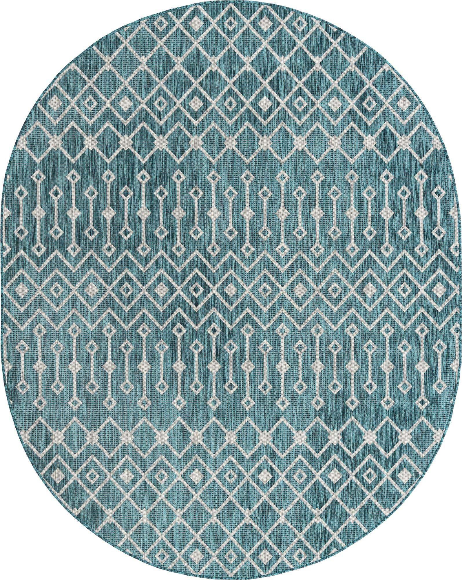 Unique Loom Outdoor Rugs - Outdoor Trellis Geometric Oval 8x10 Oval Rug Teal & Gray