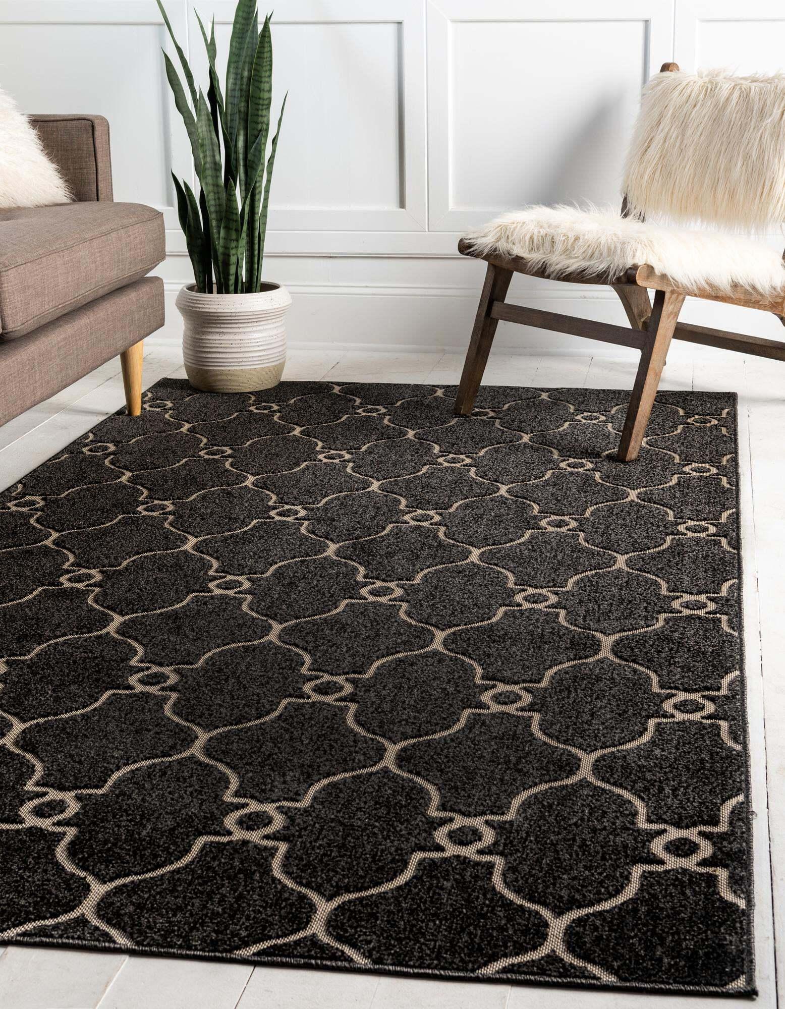 Unique Loom Outdoor Rugs - Outdoor Trellis Geometric Rectangular 8x10 Rug Black & Ivory