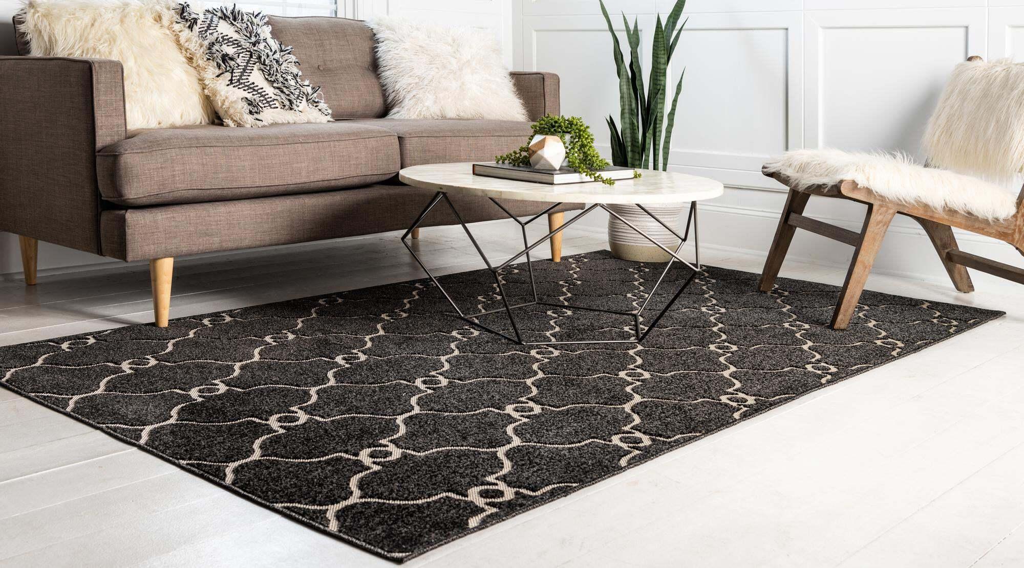 Unique Loom Outdoor Rugs - Outdoor Trellis Geometric Rectangular 8x10 Rug Black & Ivory