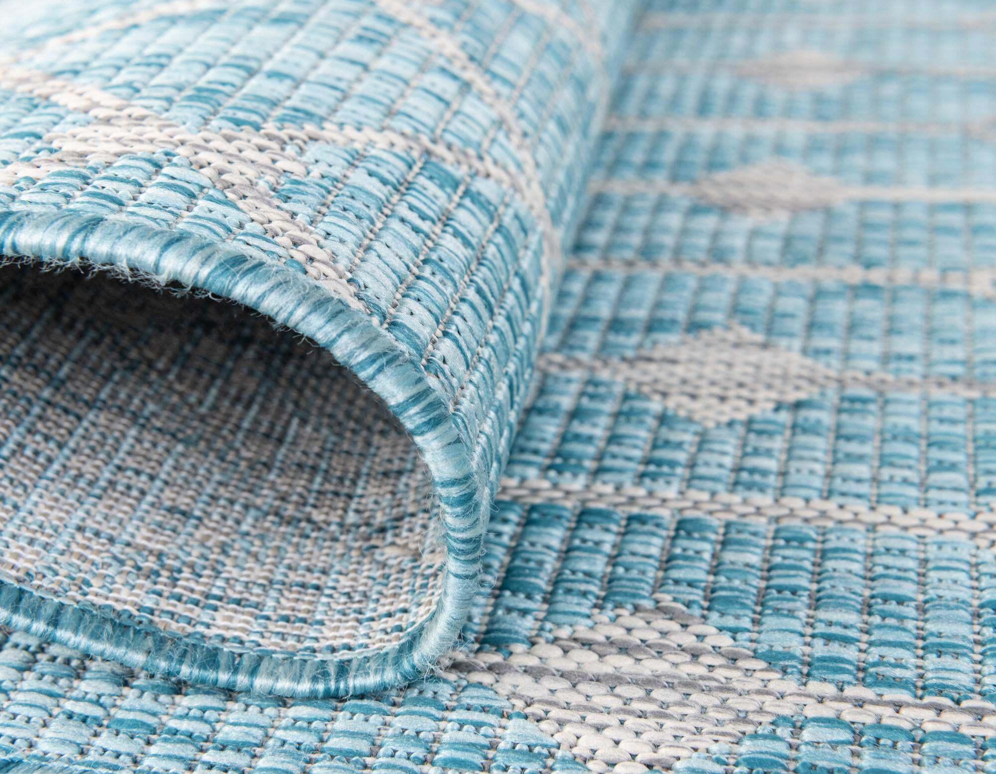 Unique Loom Outdoor Rugs - Outdoor Trellis Geometric Rectangular 8x11 Rug Aqua Blue & Ivory