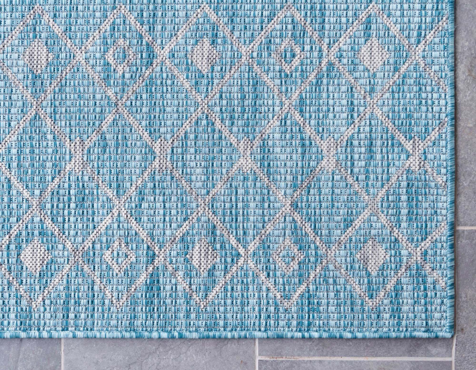 Unique Loom Outdoor Rugs - Outdoor Trellis Geometric Rectangular 8x11 Rug Aqua Blue & Ivory