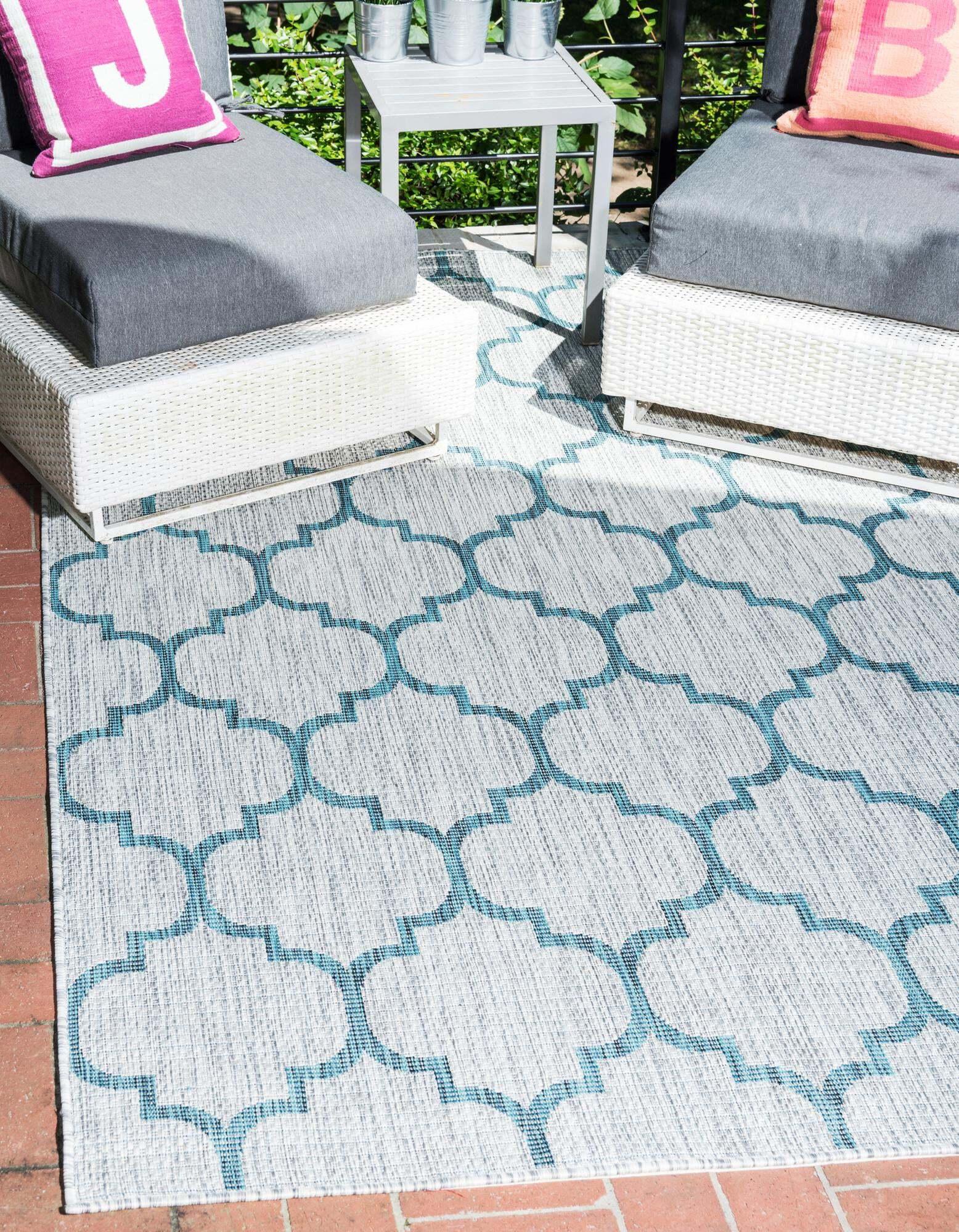 Unique Loom Outdoor Rugs - Outdoor Trellis Geometric Rectangular 8x11 Rug Blue & Gray