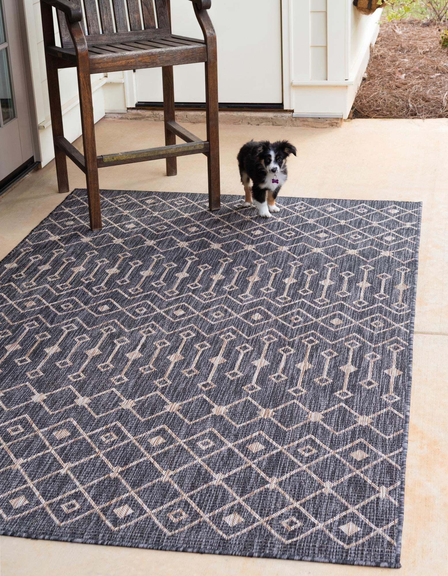 Unique Loom Outdoor Rugs - Outdoor Trellis Geometric Rectangular 8x11 Rug Charcoal Gray & Beige