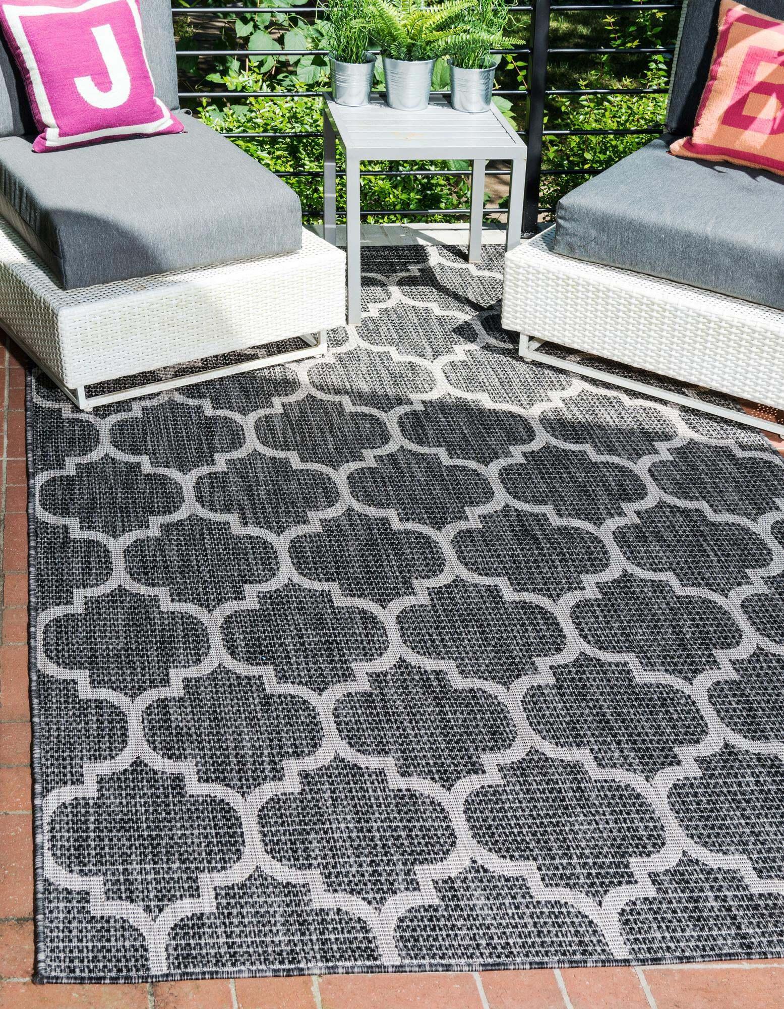 Unique Loom Outdoor Rugs - Outdoor Trellis Geometric Rectangular 9x12 Rug Black & Beige