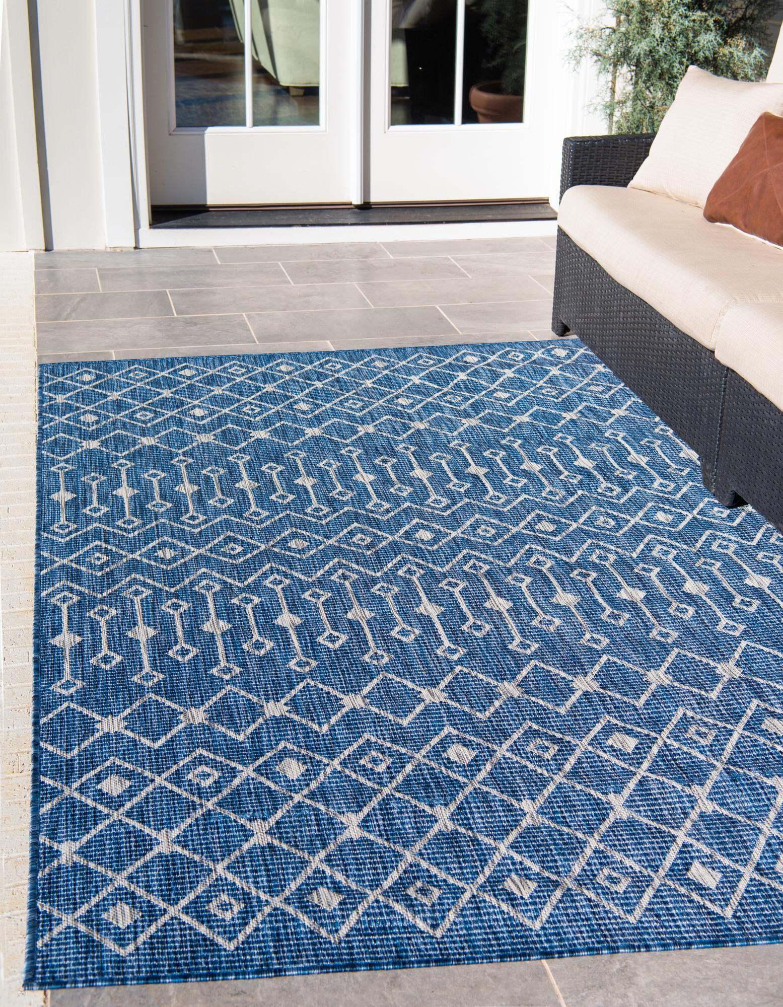 Unique Loom Outdoor Rugs - Outdoor Trellis Geometric Rectangular 9x12 Rug Blue & Ivory
