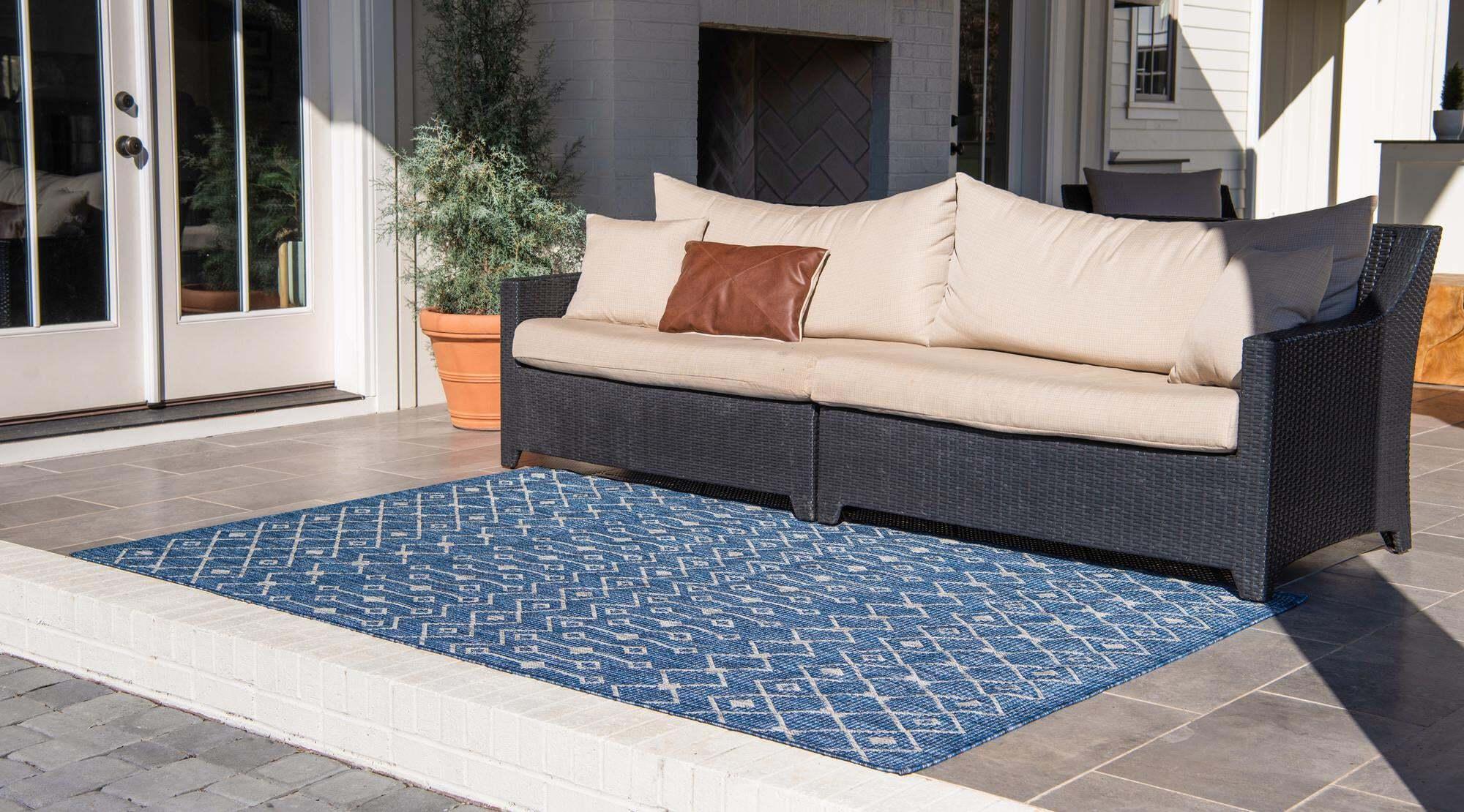 Unique Loom Outdoor Rugs - Outdoor Trellis Geometric Rectangular 9x12 Rug Blue & Ivory