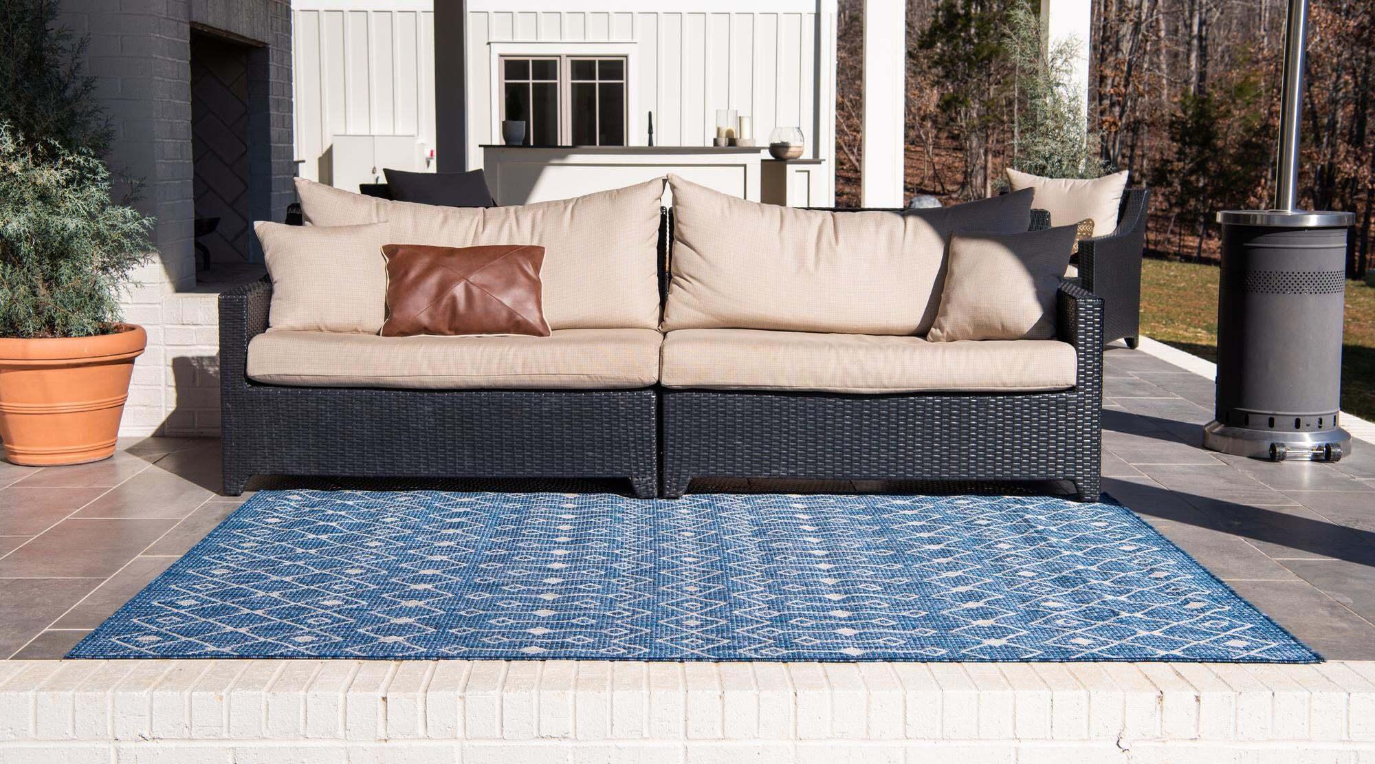 Unique Loom Outdoor Rugs - Outdoor Trellis Geometric Rectangular 9x12 Rug Blue & Ivory