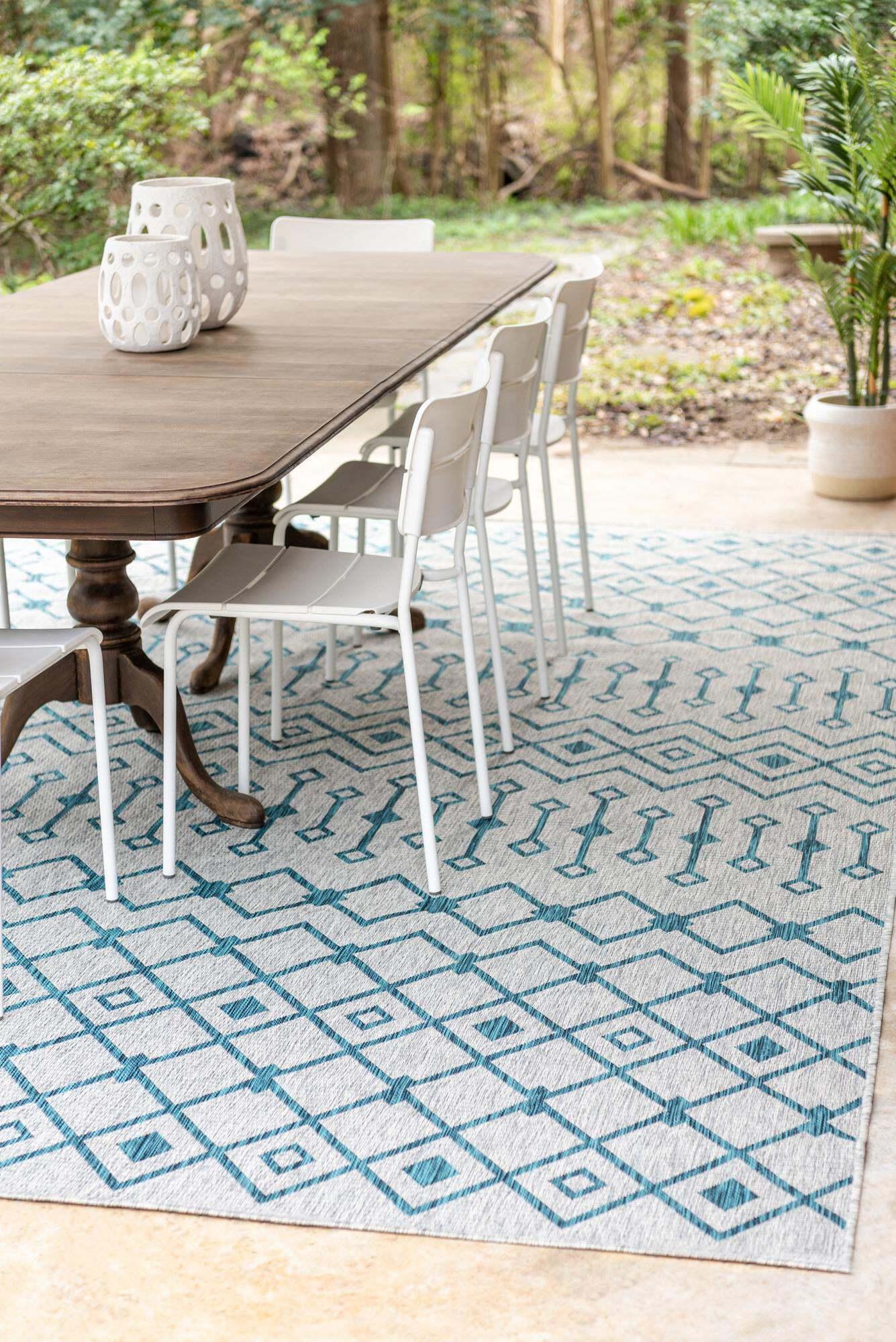 Unique Loom Outdoor Rugs - Outdoor Trellis Geometric Rectangular 9x12 Rug Gray & Teal