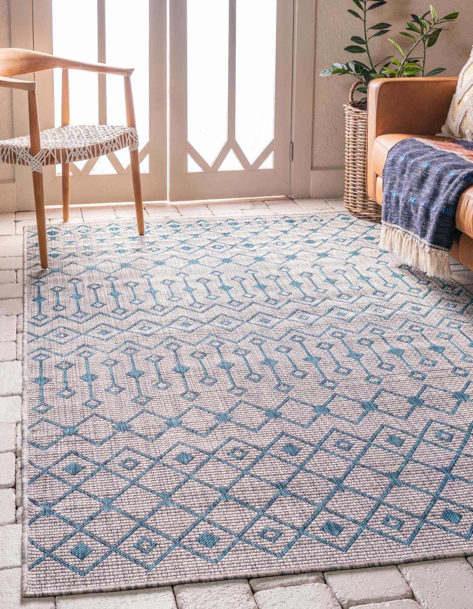 Unique Loom Outdoor Rugs - Outdoor Trellis Geometric Rectangular 9x12 Rug Gray & Teal