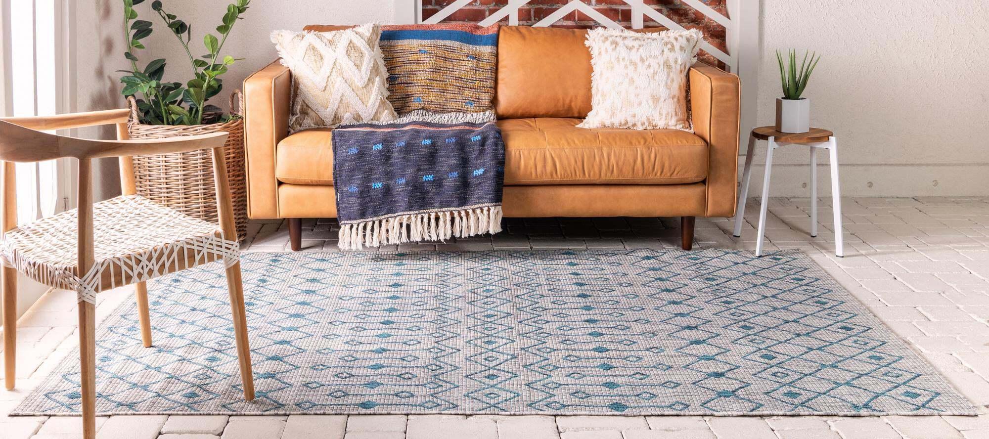 Unique Loom Outdoor Rugs - Outdoor Trellis Geometric Rectangular 9x12 Rug Gray & Teal