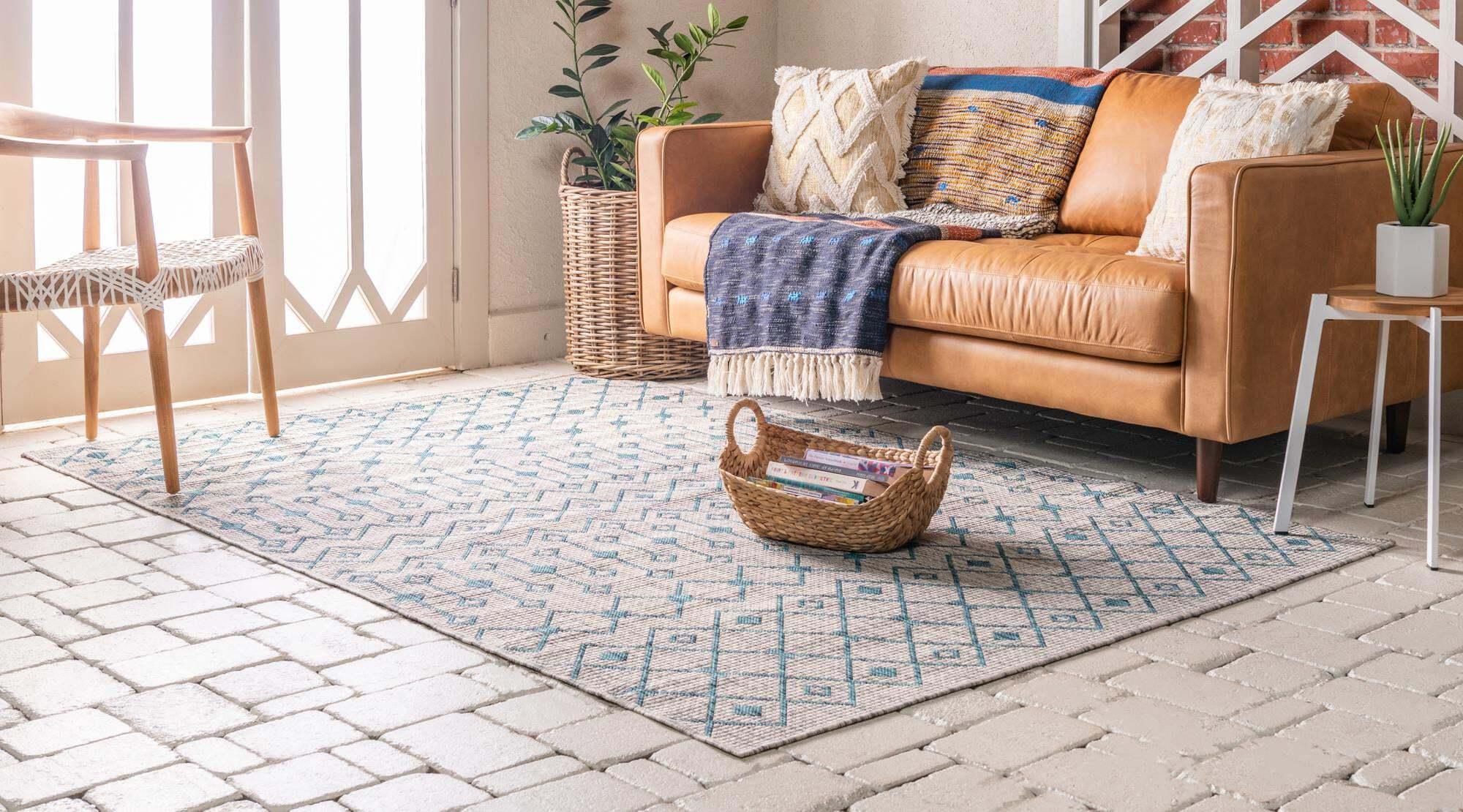 Unique Loom Outdoor Rugs - Outdoor Trellis Geometric Rectangular 9x12 Rug Gray & Teal
