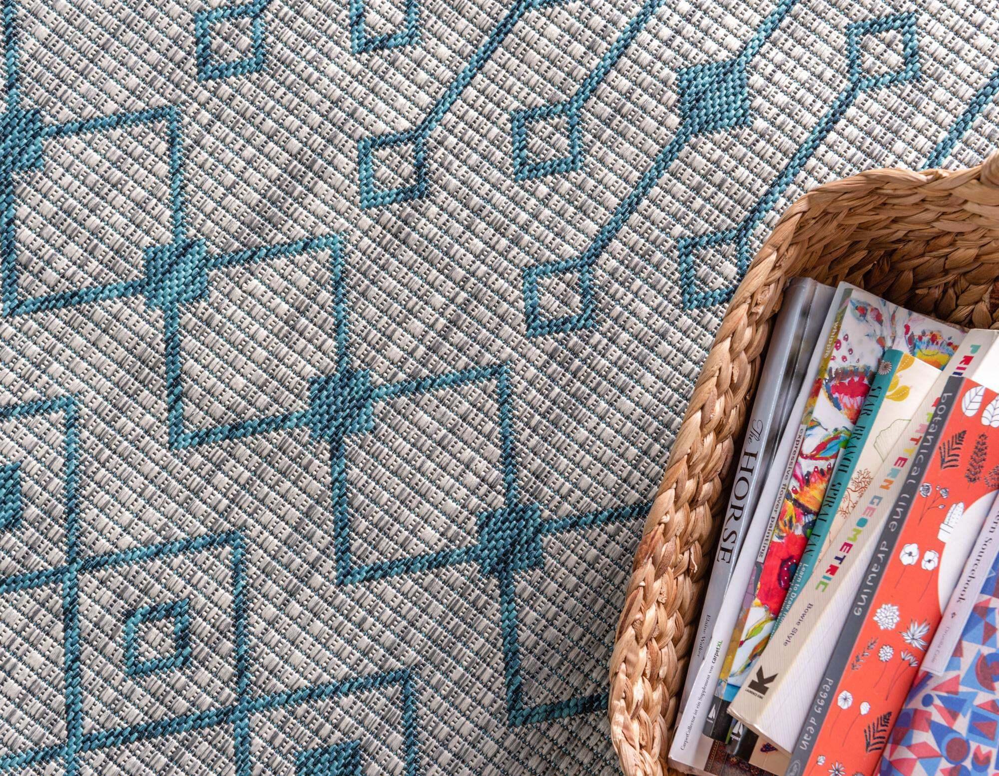 Unique Loom Outdoor Rugs - Outdoor Trellis Geometric Rectangular 9x12 Rug Gray & Teal