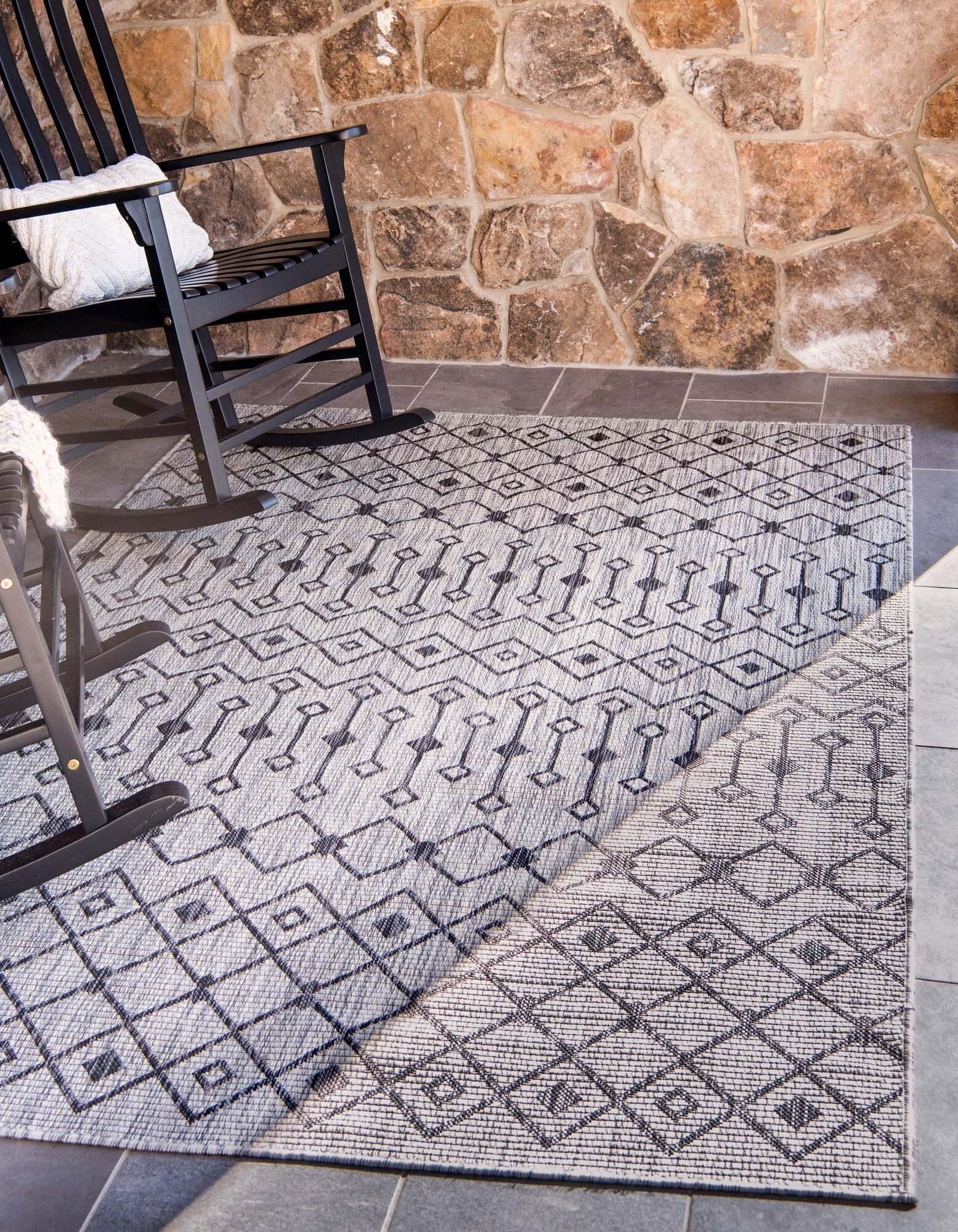 Unique Loom Outdoor Rugs - Outdoor Trellis Geometric Rectangular 9x12 Rug Light Gray & Blue