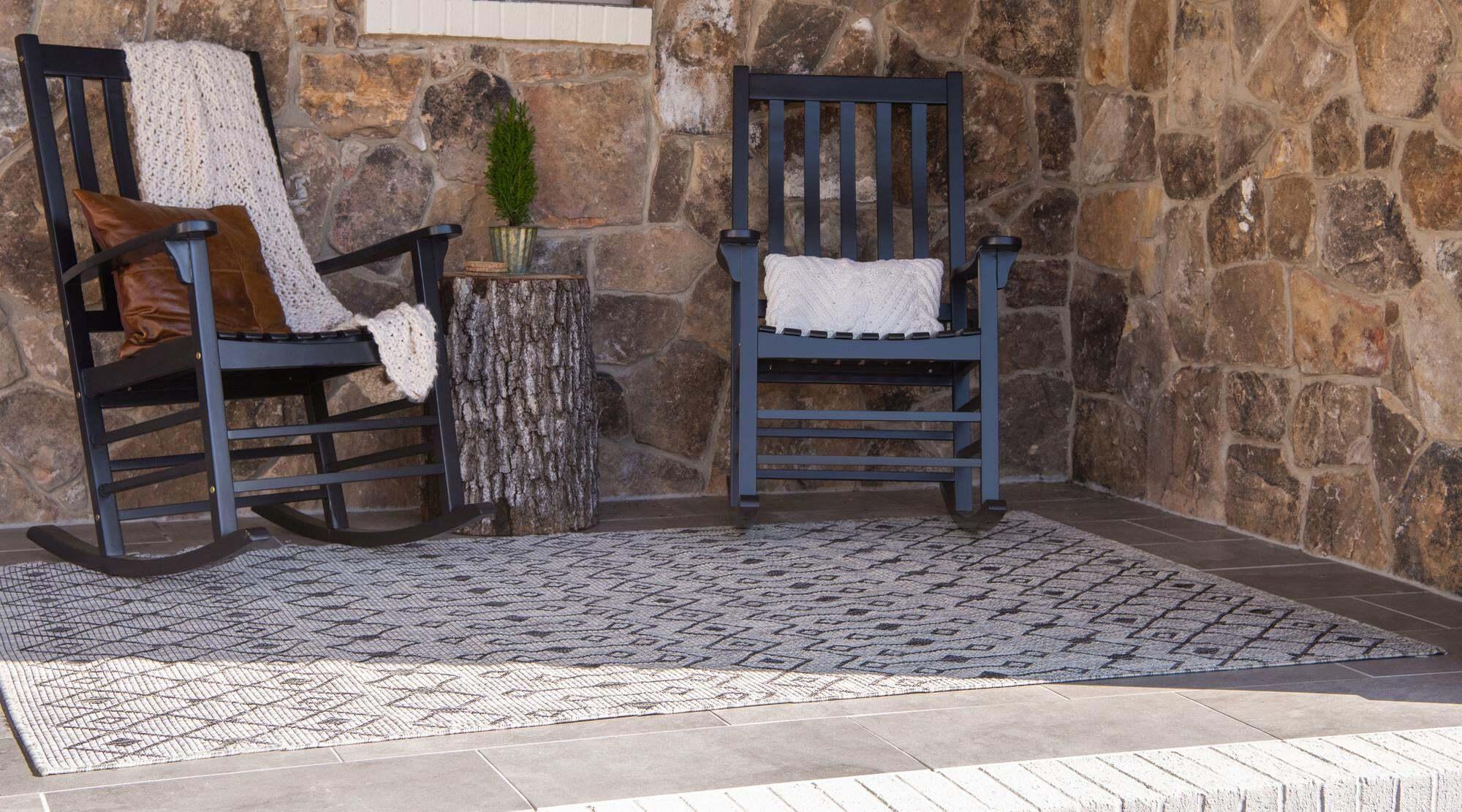Unique Loom Outdoor Rugs - Outdoor Trellis Geometric Rectangular 9x12 Rug Light Gray & Blue