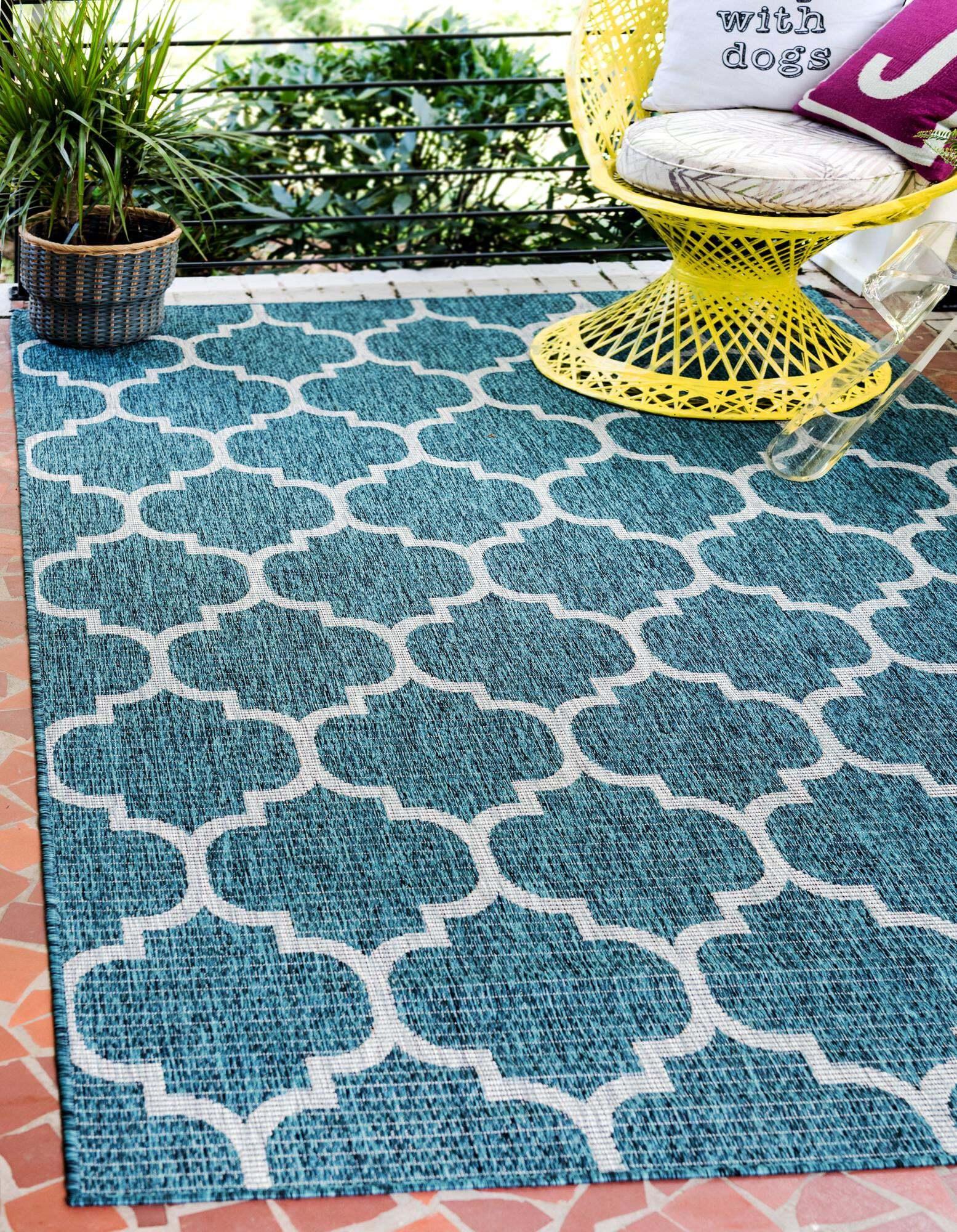Unique Loom Outdoor Rugs - Outdoor Trellis Geometric Rectangular 9x12 Rug Teal & Gray