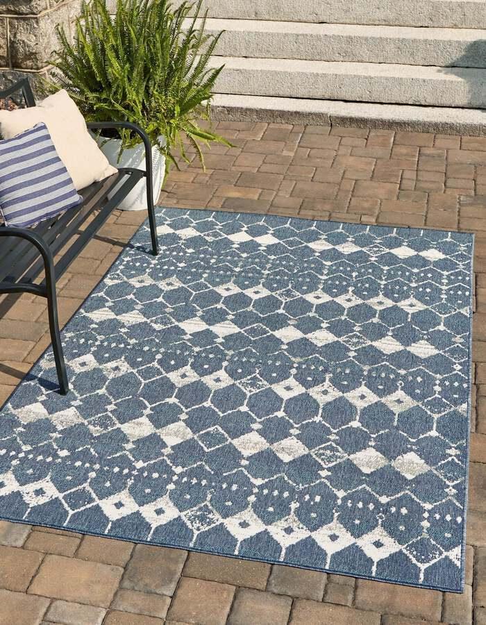Unique Loom Outdoor Rugs - Outdoor Trellis Transitional 9x12 Rectangular Rug Navy Blue